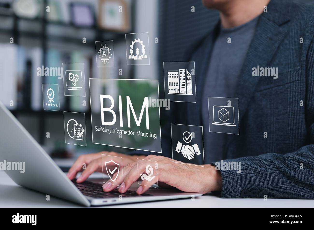 Tecnologia BIM (Building Information Modeling) per progetti edili. Un professionista che lavora con icone BIM, tecnologia utilizzata nell'edilizia, Foto Stock