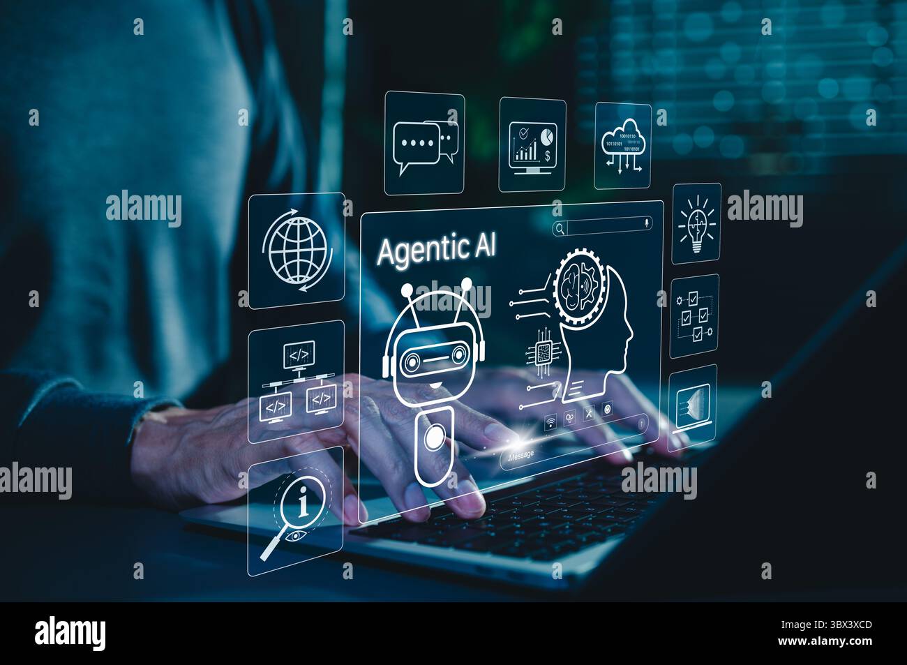 Tecnologia di intelligenza artificiale per sistemi intelligenti di automazione digitale. Uomo che usa un notebook con robot, cervello, icone di intelligenza artificiale, intelligenza artificiale Foto Stock