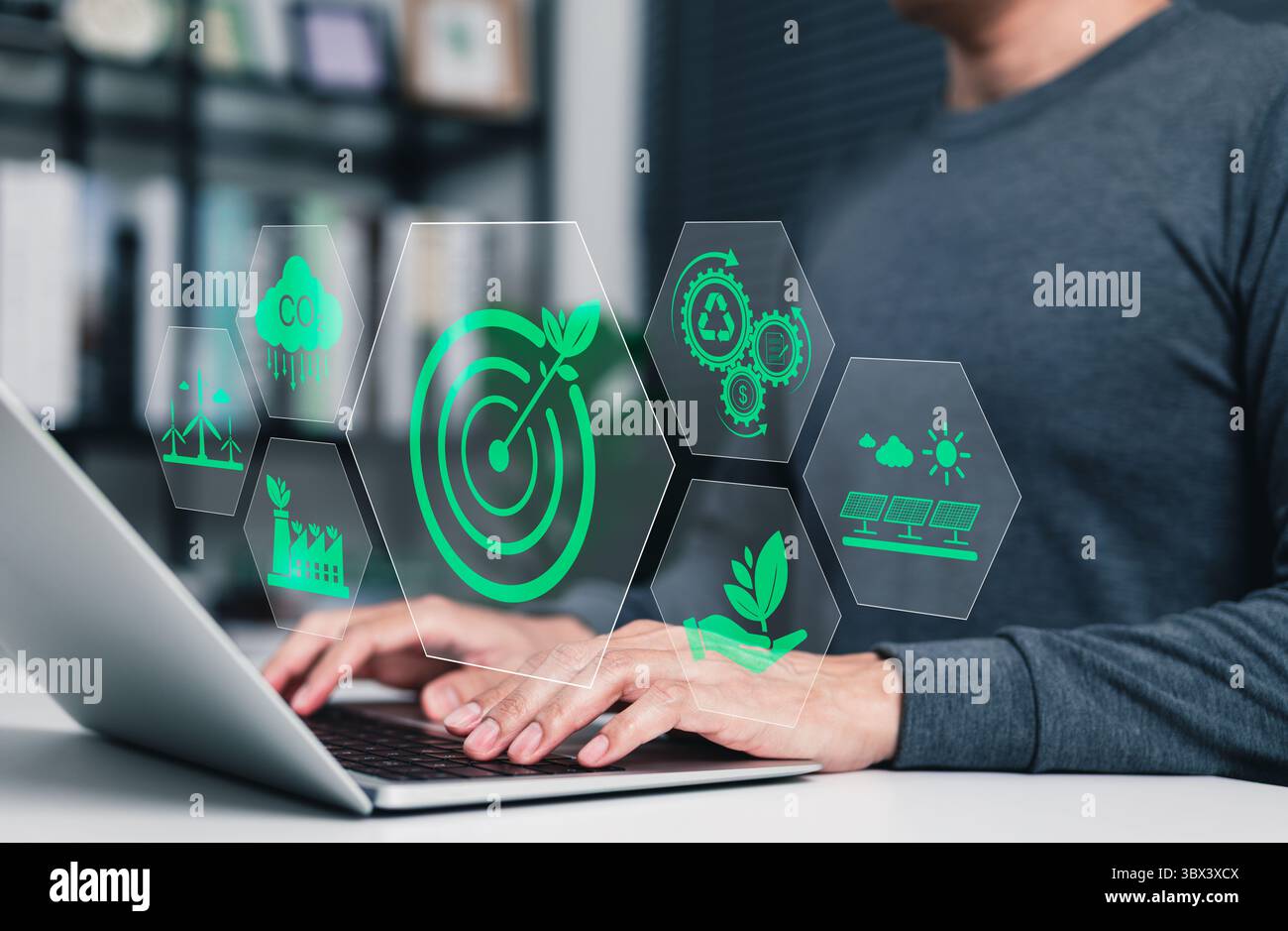 Strategia aziendale sostenibile e concetto di tecnologia verde. Icone che rappresentano sostenibilità, energie rinnovabili, riduzione di CO2, riciclaggio, verde Foto Stock