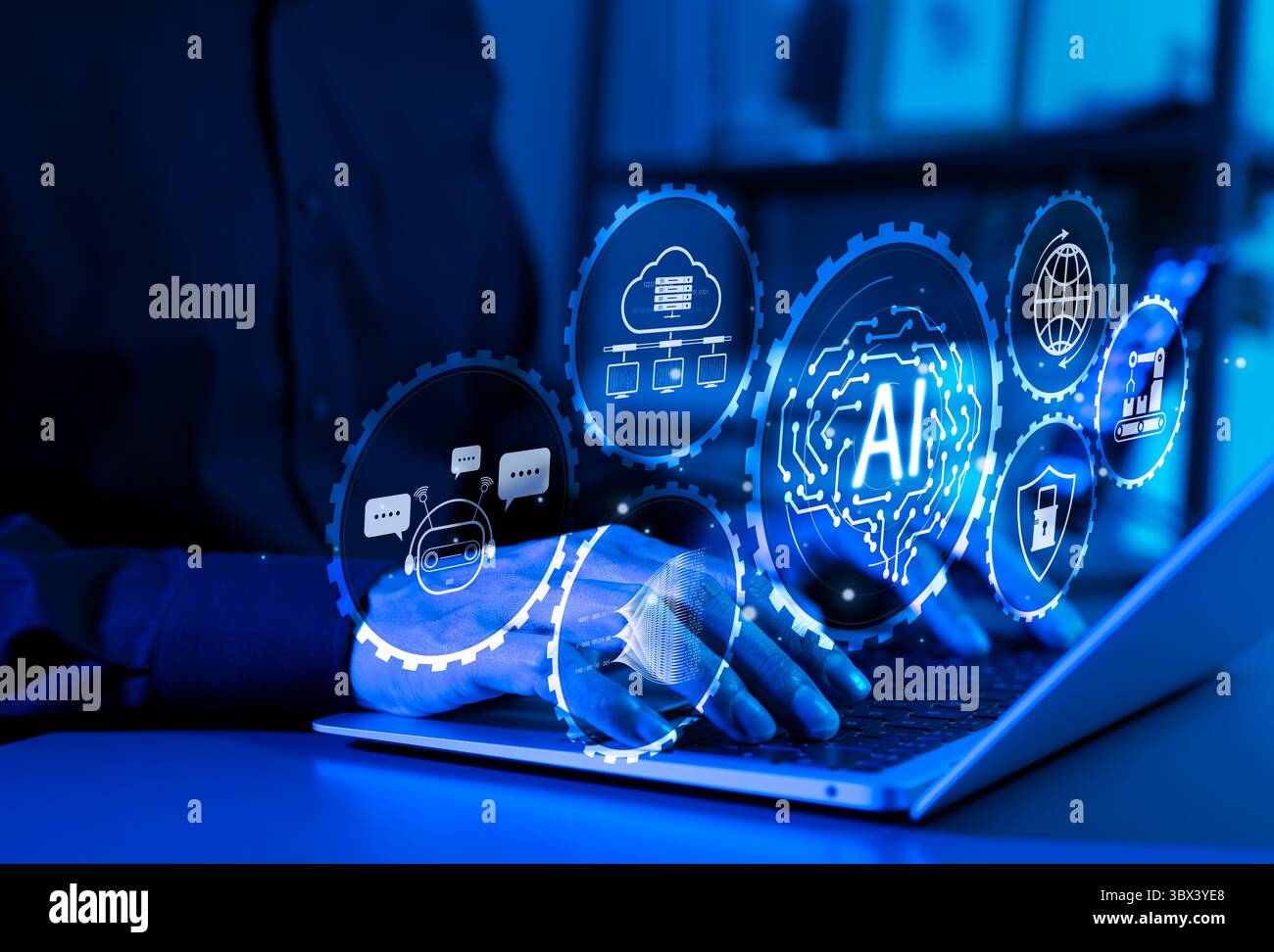 Intelligenza artificiale e automazione digitale. Una persona che utilizza un notebook con icone di intelligenza artificiale, cloud computing, robotica, sicurezza informatica e chatbot Foto Stock
