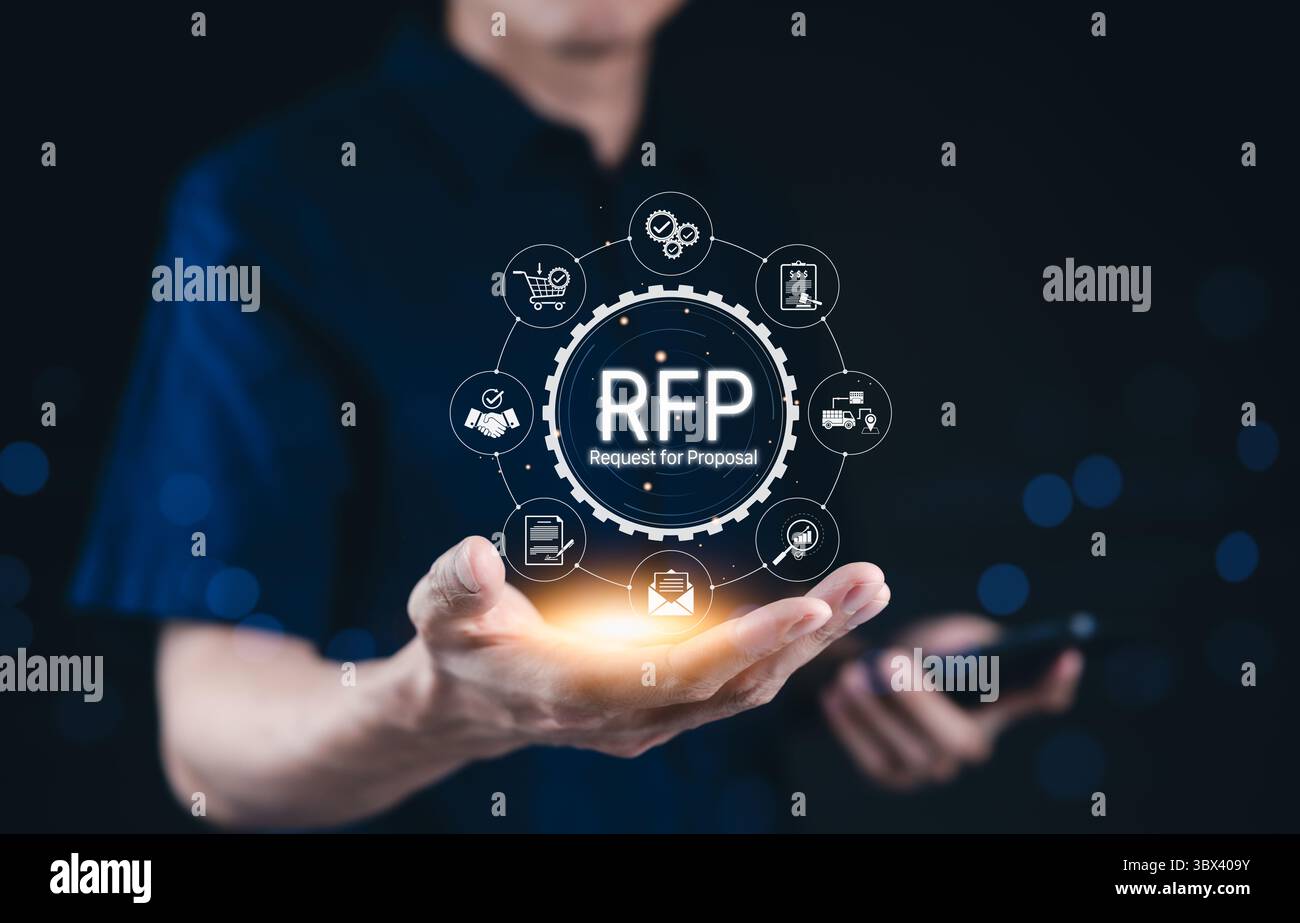 RFP, richiesta di proposta concetto aziendale. Icone RFP (richiesta di proposta) a mano che rappresentano appalti, finanziamenti, offerte, contratti, Foto Stock