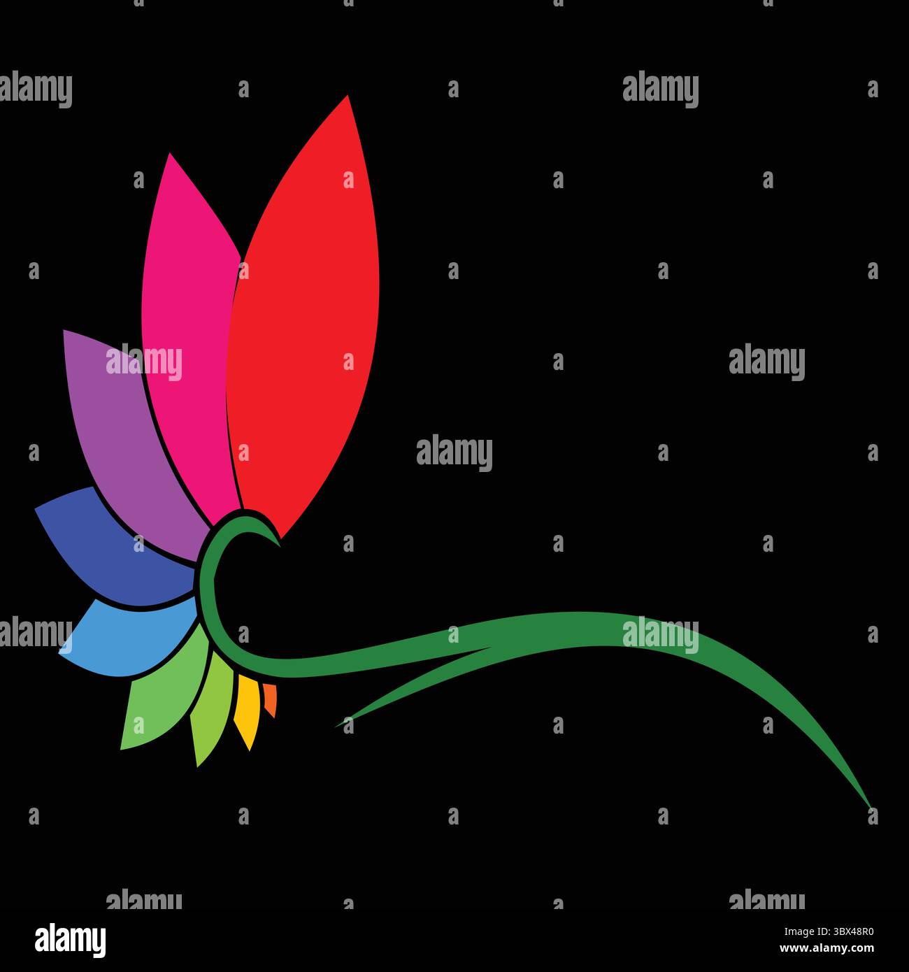 "Vibrante illustrazione colorata dei fiori" questa straordinaria illustrazione presenta un fiore dai colori vivaci con petali audaci nelle tonalità del rosso, del rosa, del blu e del verde. Su sfondo nero a contrasto, questa opera d'arte è perfetta per progetti che celebrano la bellezza, la creatività e la natura. Ideale per l'arredamento della casa, biglietti d'auguri o branding artistico. Illustrazione Vettoriale