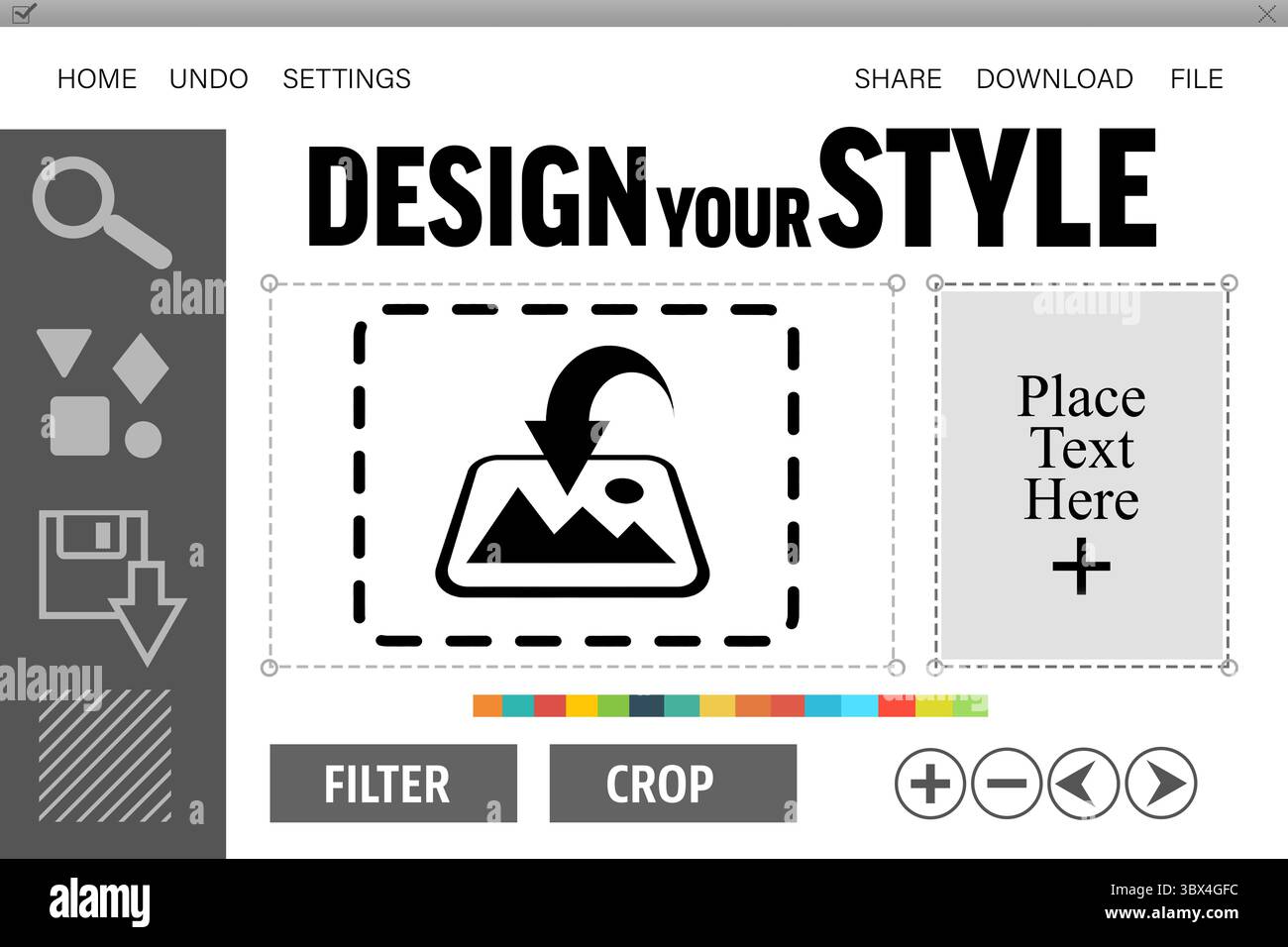 L'interfaccia utente di progettazione piatta visualizza la barra dei menu, la barra degli strumenti, la fessura grafica tratteggiata, la casella di testo, i campioni, comandi. Interfaccia, personalizzazione, digitale, vettoriale, grafica, Foto Stock
