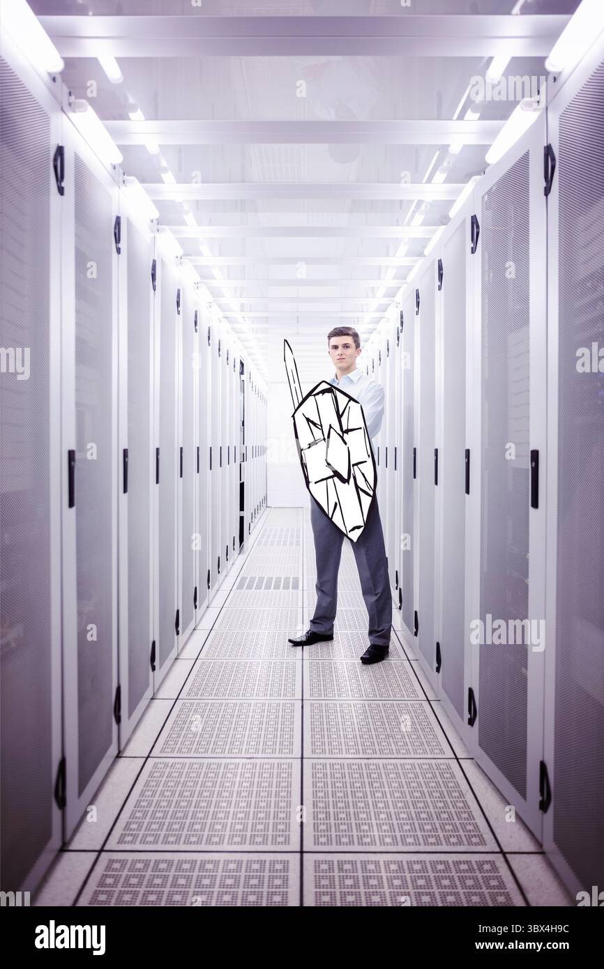 Design piatto che mostra il tecnico in piedi in una corsia server illuminata, tenendo lo scudo e la spada disegnata. Sicurezza informatica, data center, tecnologia, protezione Foto Stock
