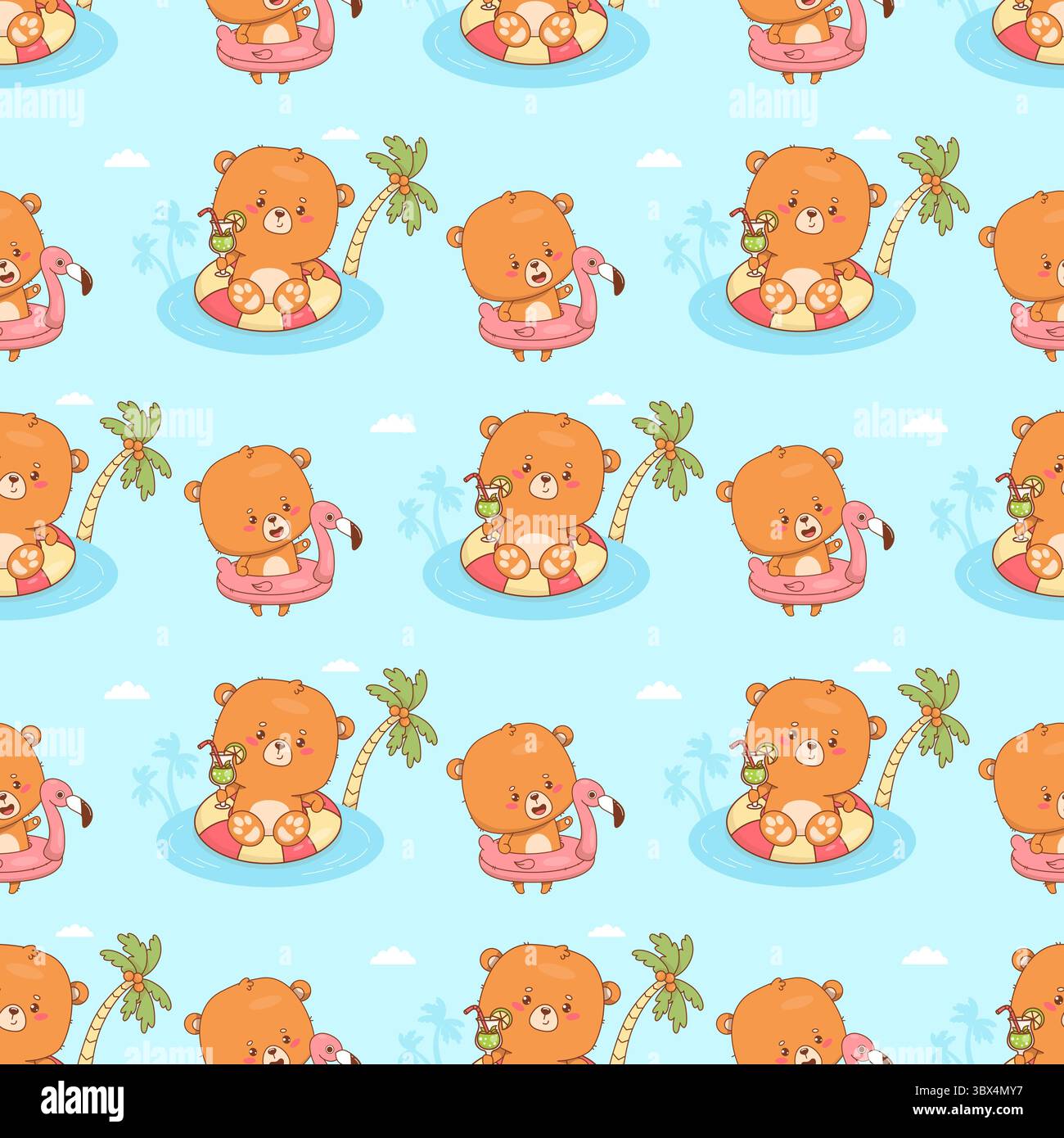 Motivo estivo senza cuciture con un simpatico orso che si rilassa negli anelli gonfiabili della piscina e i galleggianti del fenicottero su sfondo blu. Divertente personaggio di Animal Beach Kawaii. Illustrazione Vettoriale