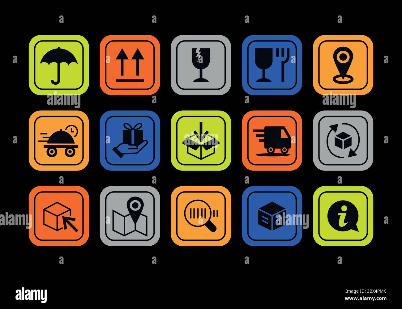 Raccolta di varie icone, patch, etichette, etichette, adesivi, spedizione e consegna. Set vettoriale di grafici di consegna, imballaggio e logistica. Illustrazione Vettoriale