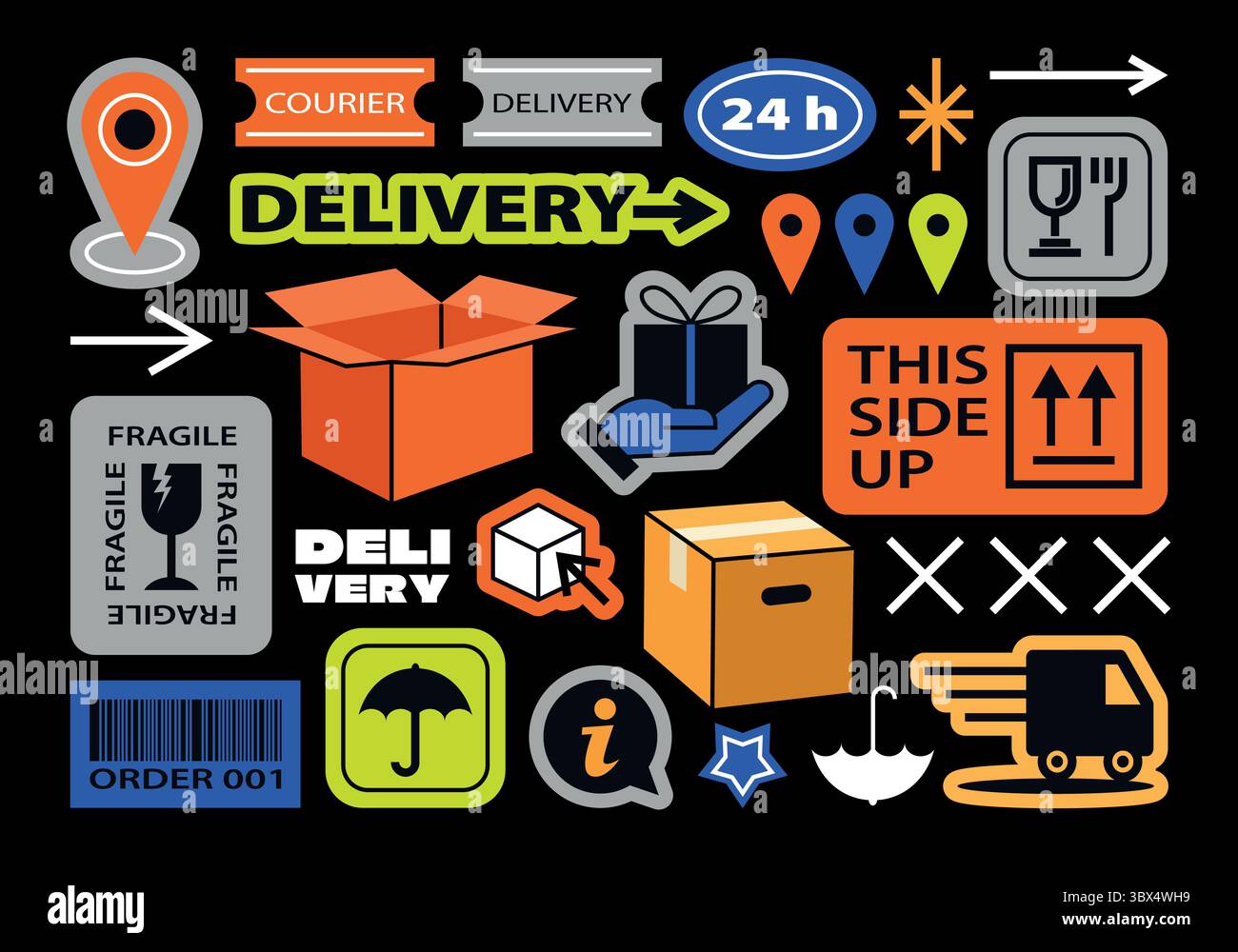 Raccolta di varie icone, patch, etichette, etichette, adesivi, spedizione e consegna. Set vettoriale di grafici di consegna, imballaggio e logistica. Illustrazione Vettoriale