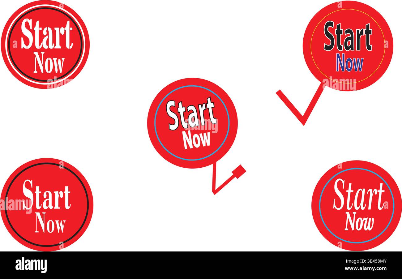 Set di etichette iniziali circolari di colore rosso minimo ora con bolla vocale e icone di avviso per l'uso con la promozione digitale Illustrazione Vettoriale