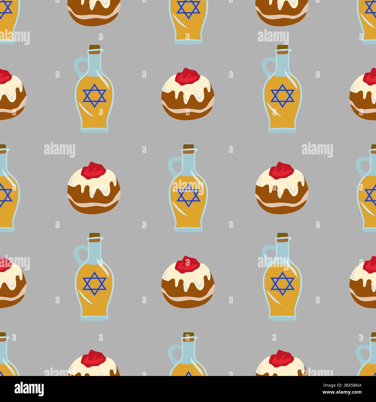 Motivo vettoriale senza cuciture con Sufganiyot e bottiglie di olio, con la Stella di David, per festeggiare Hanukkah. Illustrazione Vettoriale