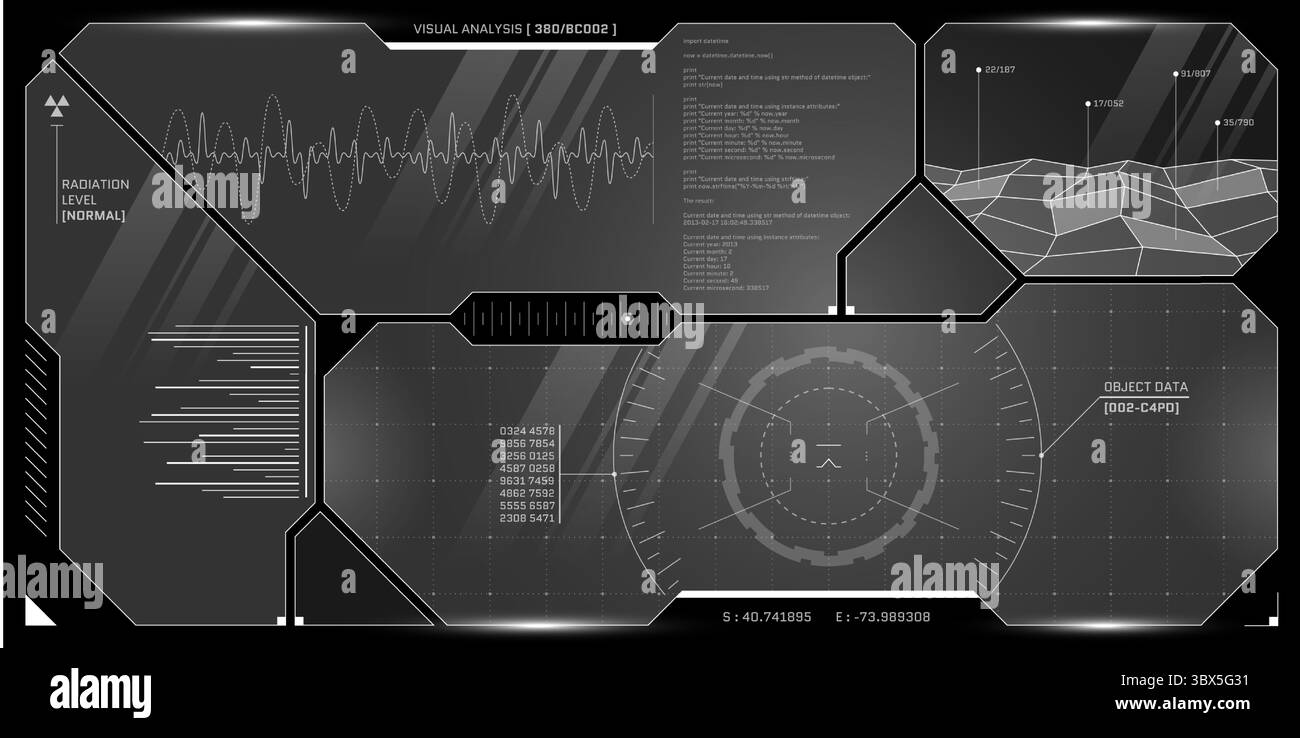 Interfaccia cockpit virtuale con radar IA, griglia di scansione e pannelli fantascientifici. L'HUD trasparente visualizza un dashboard futuristico per il controllo spaziale cyberpunk o la progettazione di sistemi VR. Illustrazione Vettoriale