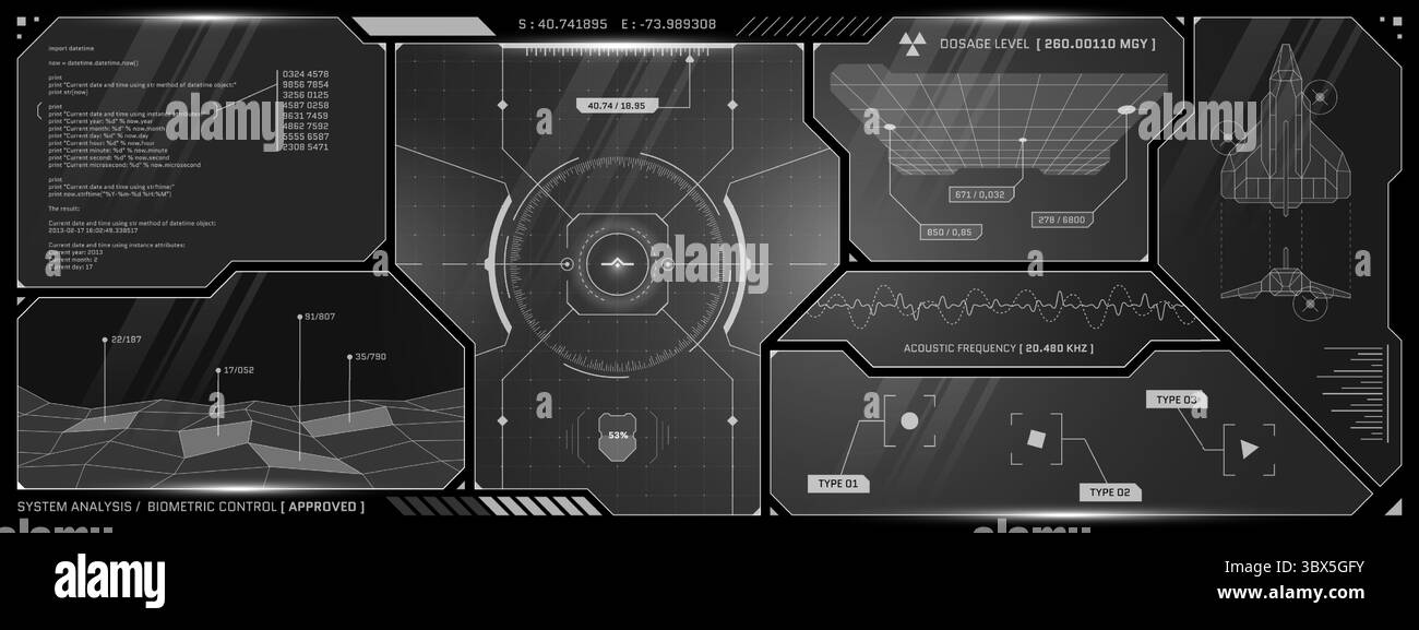 L'interfaccia HUD avanzata mostra il radar IA, le scansioni del sistema robotizzato e le carte olografiche. Il display cyberpunk combina il layout tecnologico con la vista dell'abitacolo e il design della dashboard virtuale dei giochi. Illustrazione Vettoriale