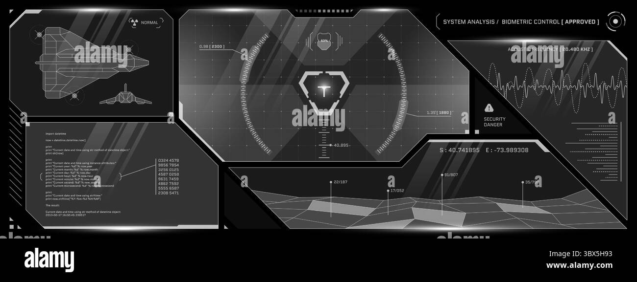 Sala di controllo futuristica con pannelli HUD trasparenti, icone radar e grafici digitali. Il cruscotto cyberpunk fonde tecnologia virtuale e sistemi spaziali militari in un layout scifi. Illustrazione Vettoriale