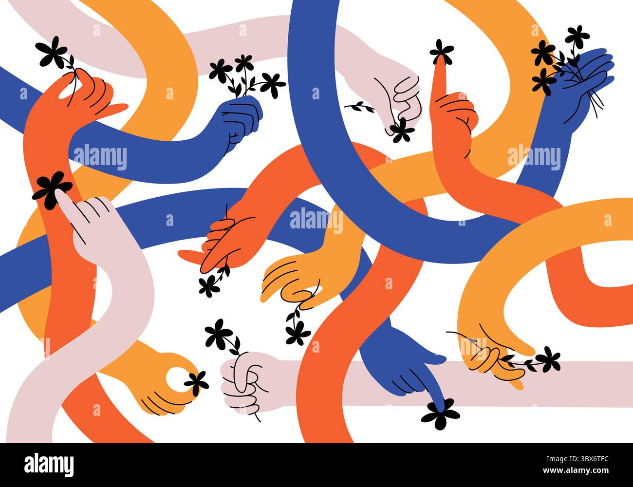 Mani con gesti floreali nel cartone animato. Diverse posizioni di mani e dita: Puntare, tenere, scattare le dita. Illustrazioni di palmi e polsi umani. Illustrazione Vettoriale