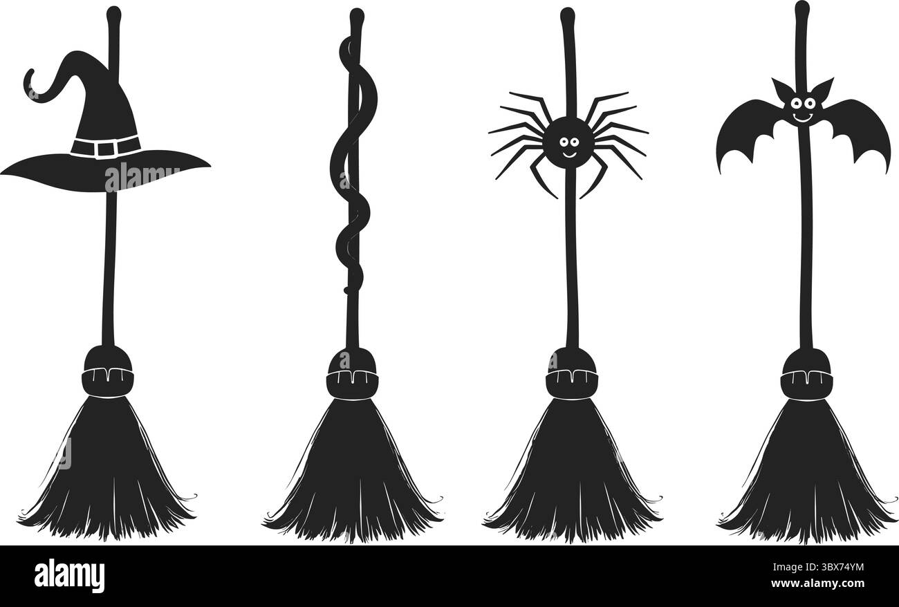 Scopa di Halloween con cappello da strega, ragno e vettore di pipistrelli Illustrazione Vettoriale