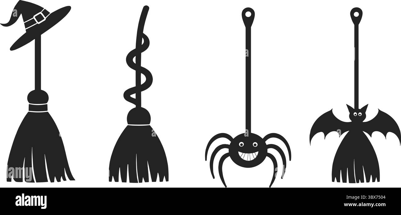 Quattro decorazioni di Halloween con silhouette nera e scopa a ragno vettoriale Illustrazione Vettoriale