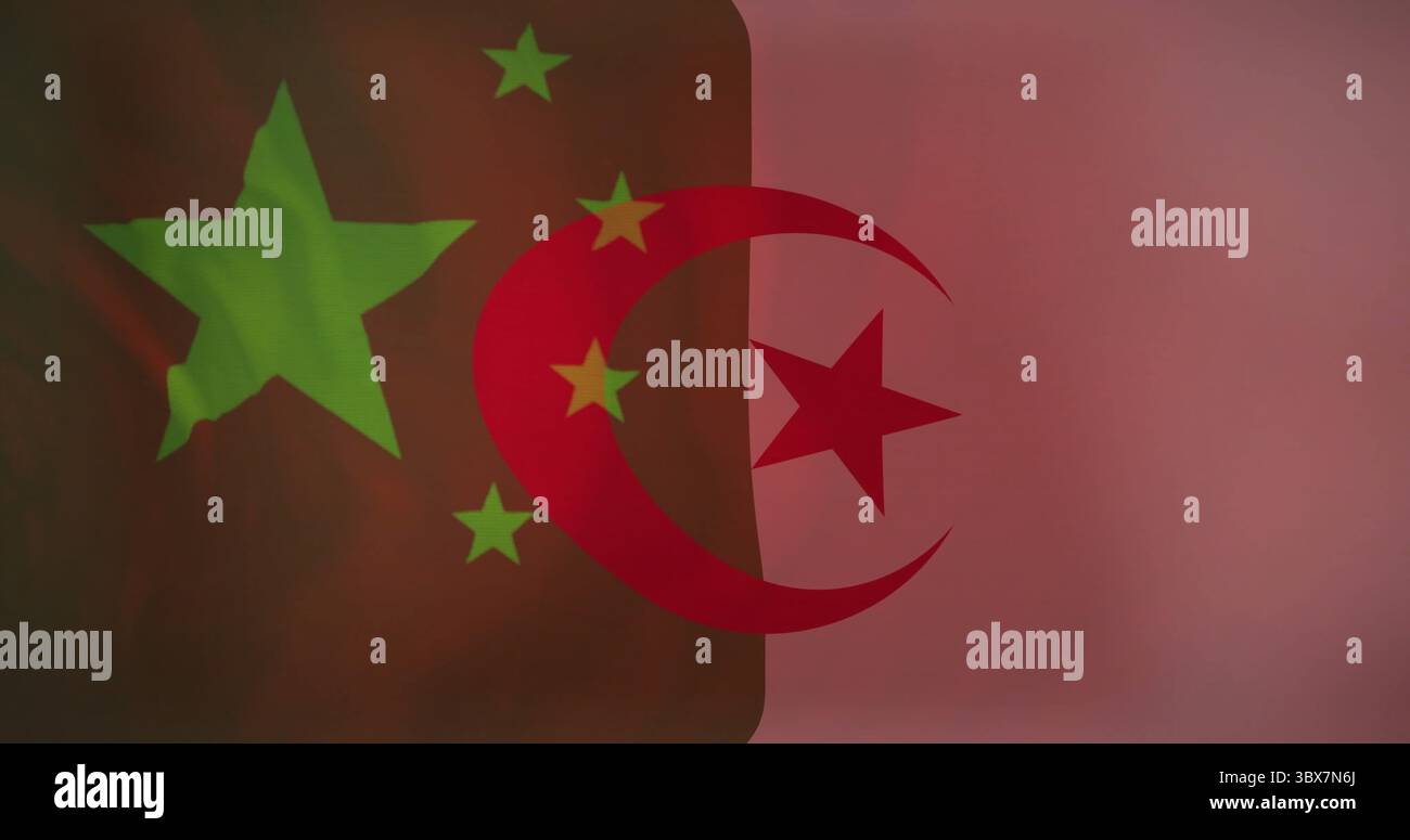 Visualizzazione dell'emblema a bandiera che unisce un gruppo di stelle verdi con una stella a mezzaluna rossa nella grafica digitale Foto Stock