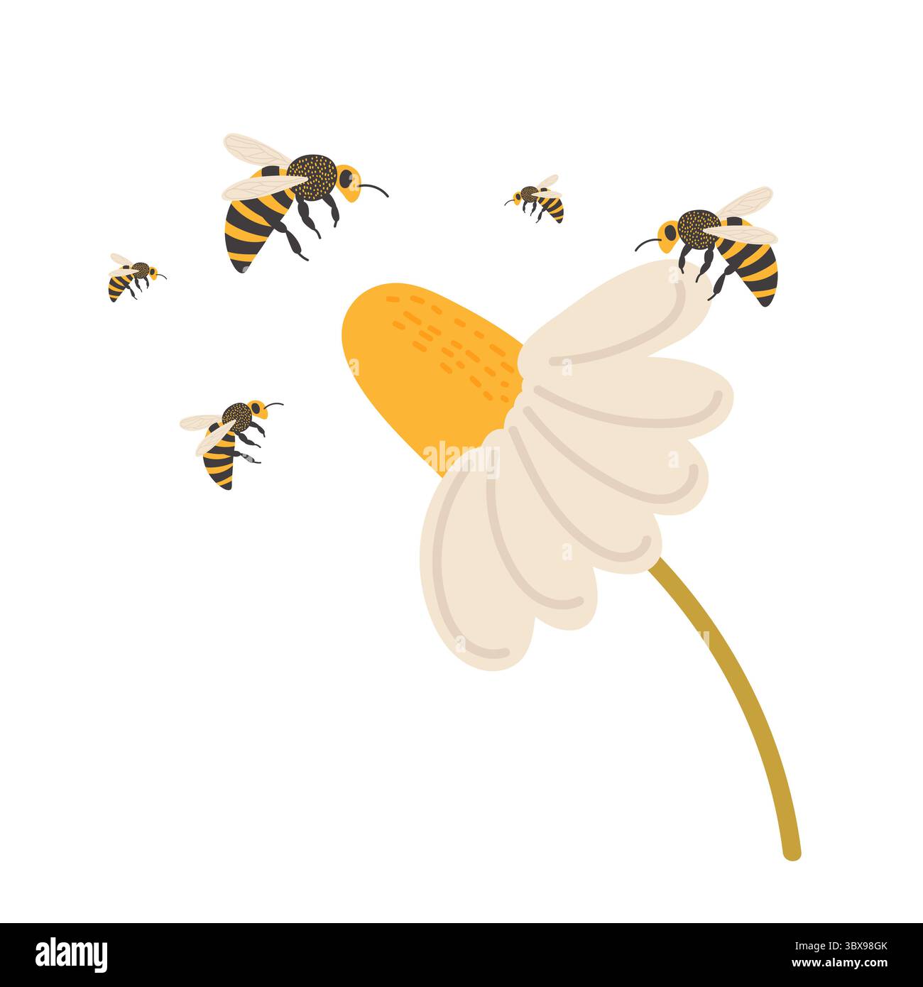 Api che impollinano un fiore in un ambiente luminoso e allegro durante una giornata di sole Illustrazione Vettoriale