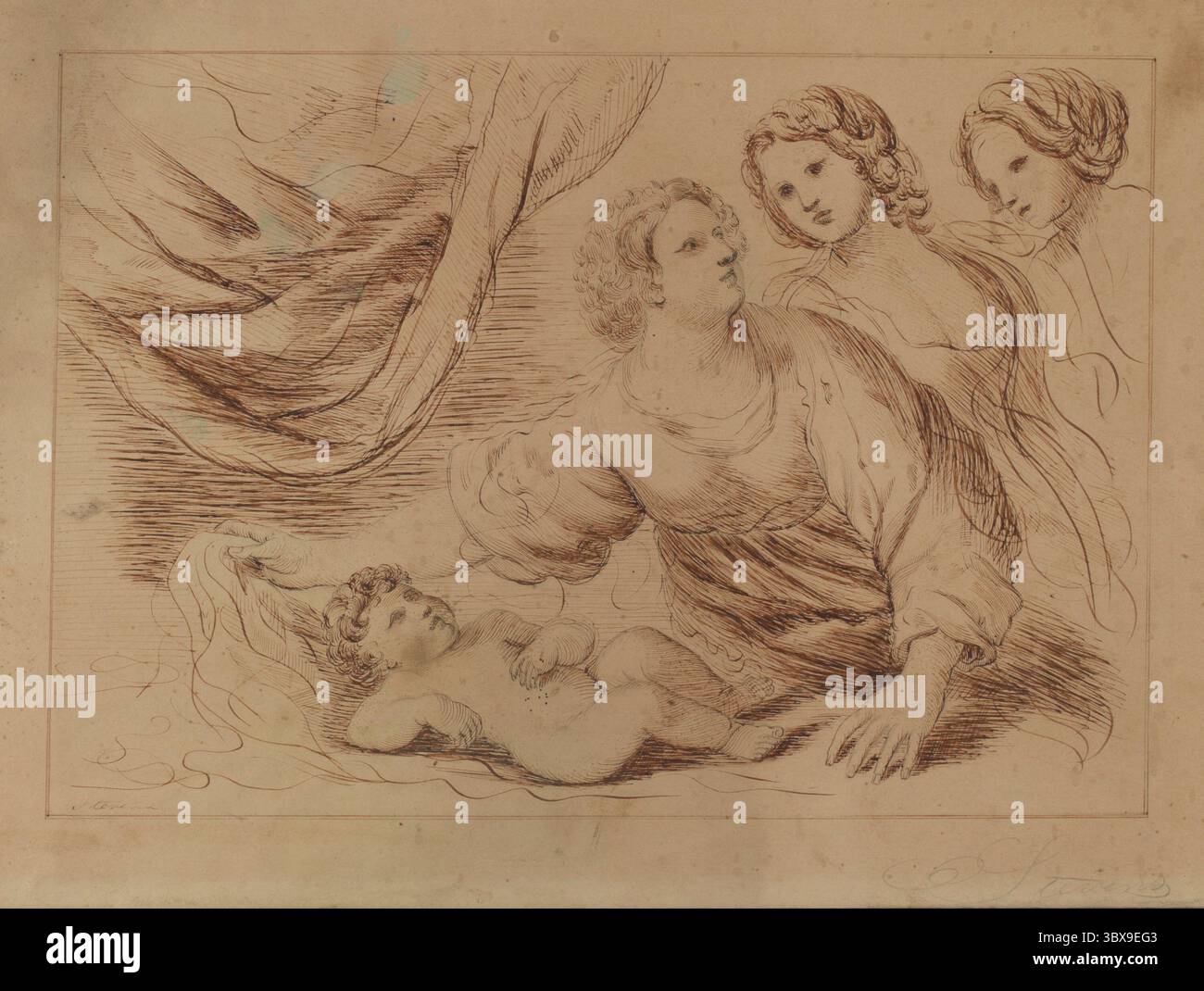Disegno a penna e inchiostro seppia intitolato Infant and Three Women di Stevens. La composizione presenta un bambino sdraiato sorvegliato da tre donne, probabilmente evocando temi classici o religiosi, reso con limpide linework e delicate sfumature. Foto Stock