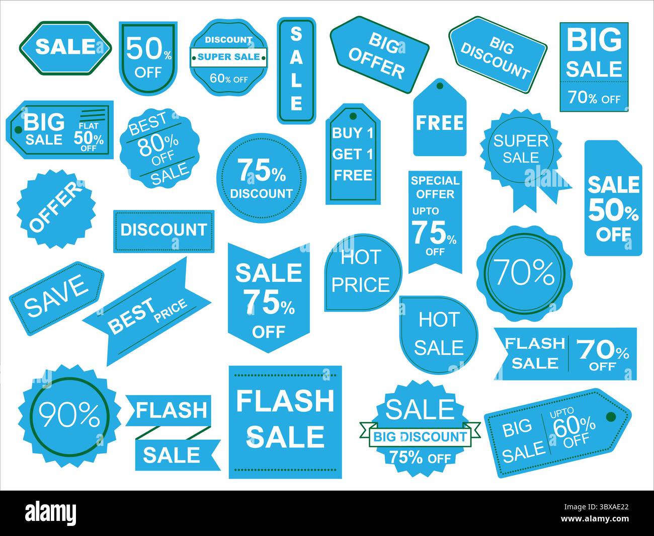 Set di diverse etichette di vendita e etichette di colore blu su sfondo bianco. Design vettoriale modificabile per social media, marketing ed e-commerce. Illustrazione Vettoriale
