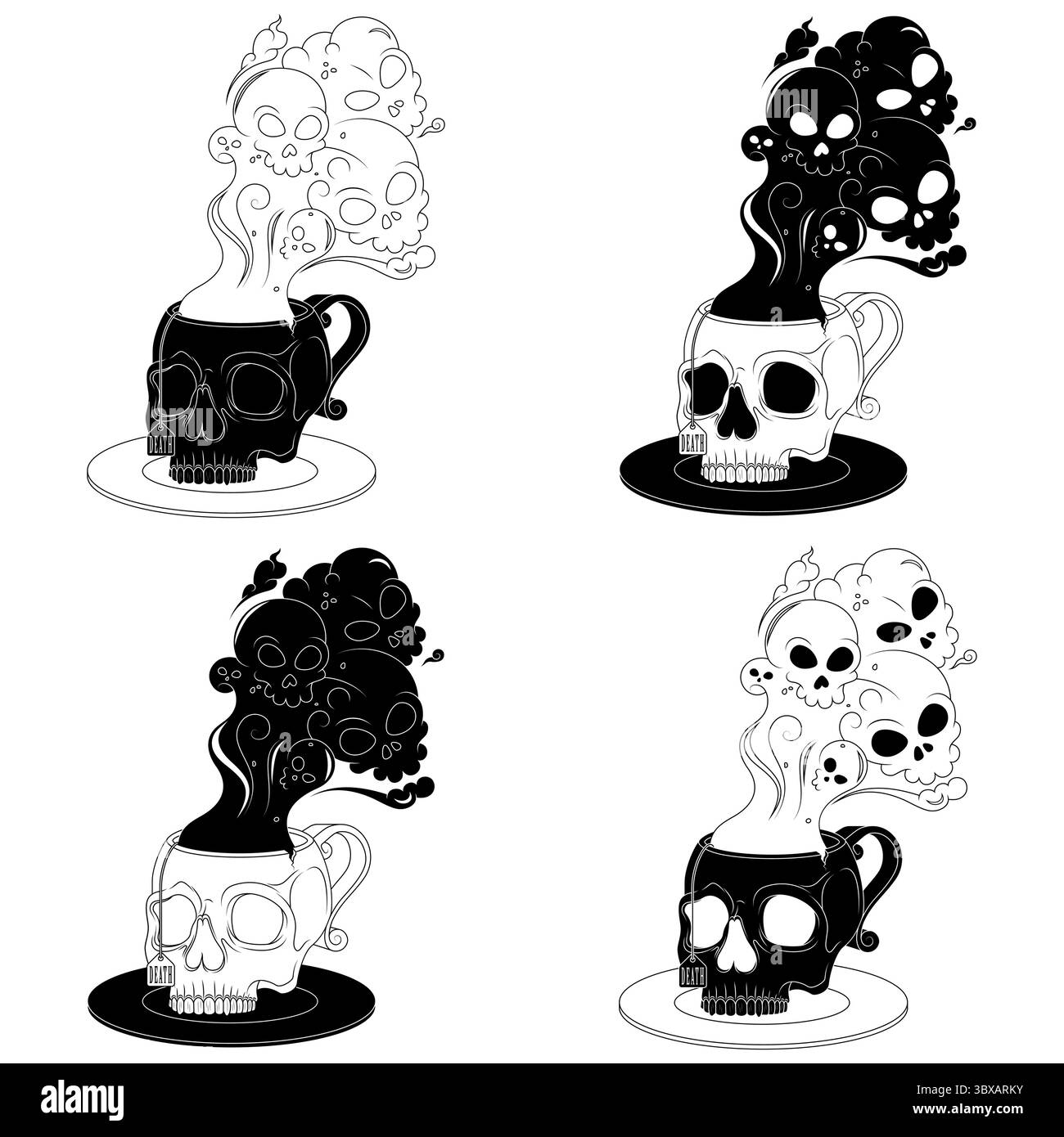 Tazza da tè in porcellana a forma di teschio umano, tazza da caffè a forma di teschio e il suo piattino, tazza demoniaca con fumo tossico della morte Illustrazione Vettoriale