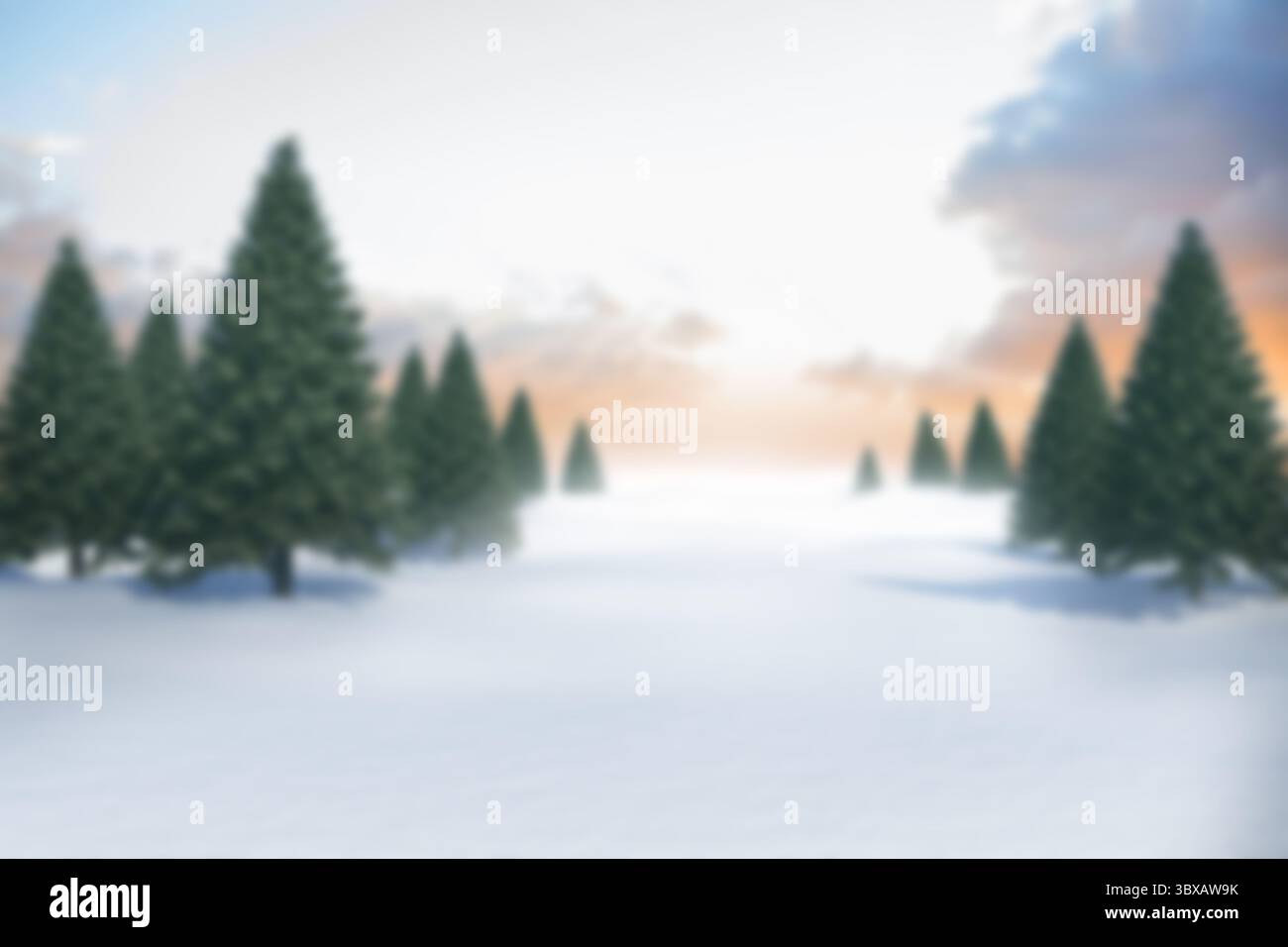 Il paesaggio invernale dal design piatto si dispiega sotto l'alba color pastello e presenta pini sempreverdi Foto Stock