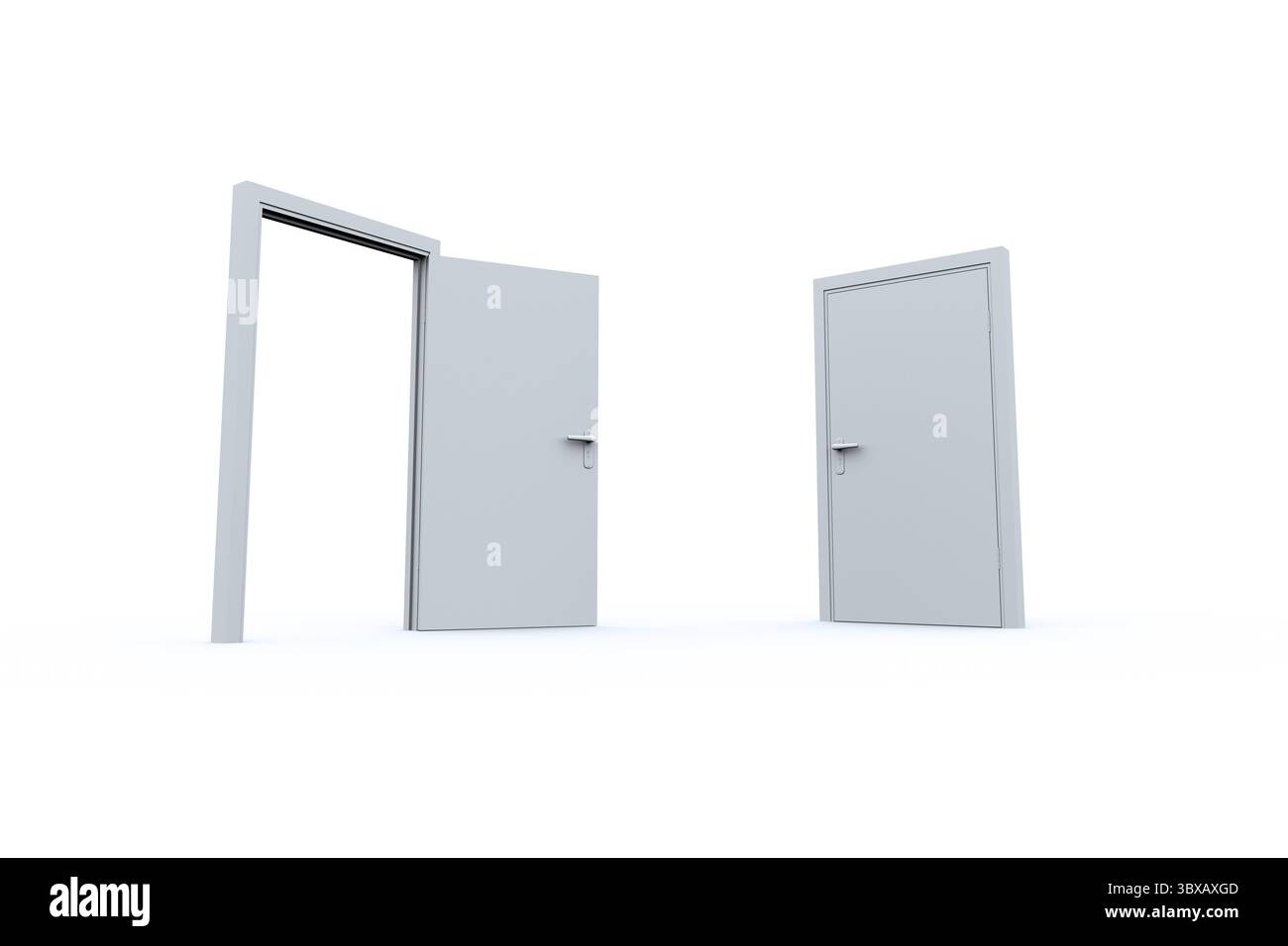 Design piatto con sportelli grigi con maniglia a leva su sfondo bianco, cornice aperta e spazio di copia chiuso Foto Stock