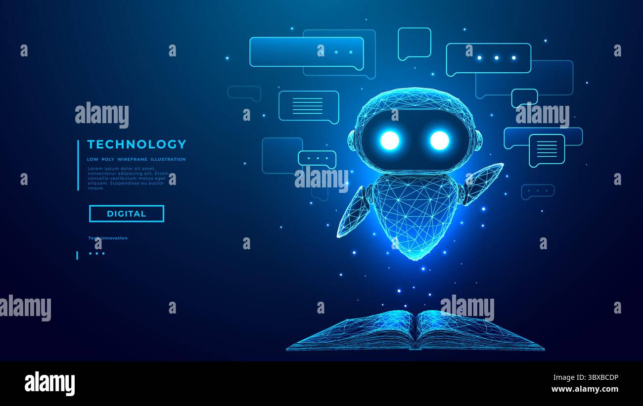 Robot AI o chatbot con bolle vocali Fly Over Opened Book Illustrazione Vettoriale