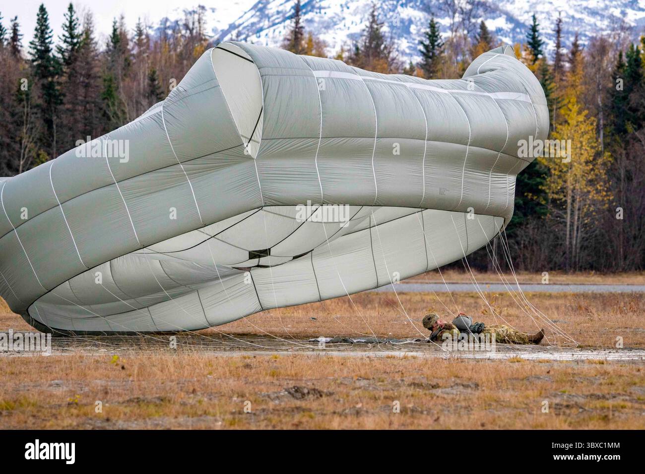 5 ottobre 2021 - Joint base Elmendorf-Richardson, Alaska, USA - Un paracadutista dell'esercito degli Stati Uniti assegnato al 1st Squadron (Airborne), 40th Cavalry Regiment, 4th Infantry Brigade Combat Team (Airborne), 25th Infantry Division, U.S. Army Alaska, atterra dopo essere saltato da un CH-47 Chinook operato dal 1-52nd General Service Aviation Battalion a Malemute Drop zone, Joint base Elmendorf-2021. La Spartan Brigade è l'unica squadra di combattimento della brigata artica dell'esercito degli Stati Uniti, addestrata a eseguire manovre aviotrasportate in condizioni di freddo estremo e in ambienti ad alta quota in sup Foto Stock