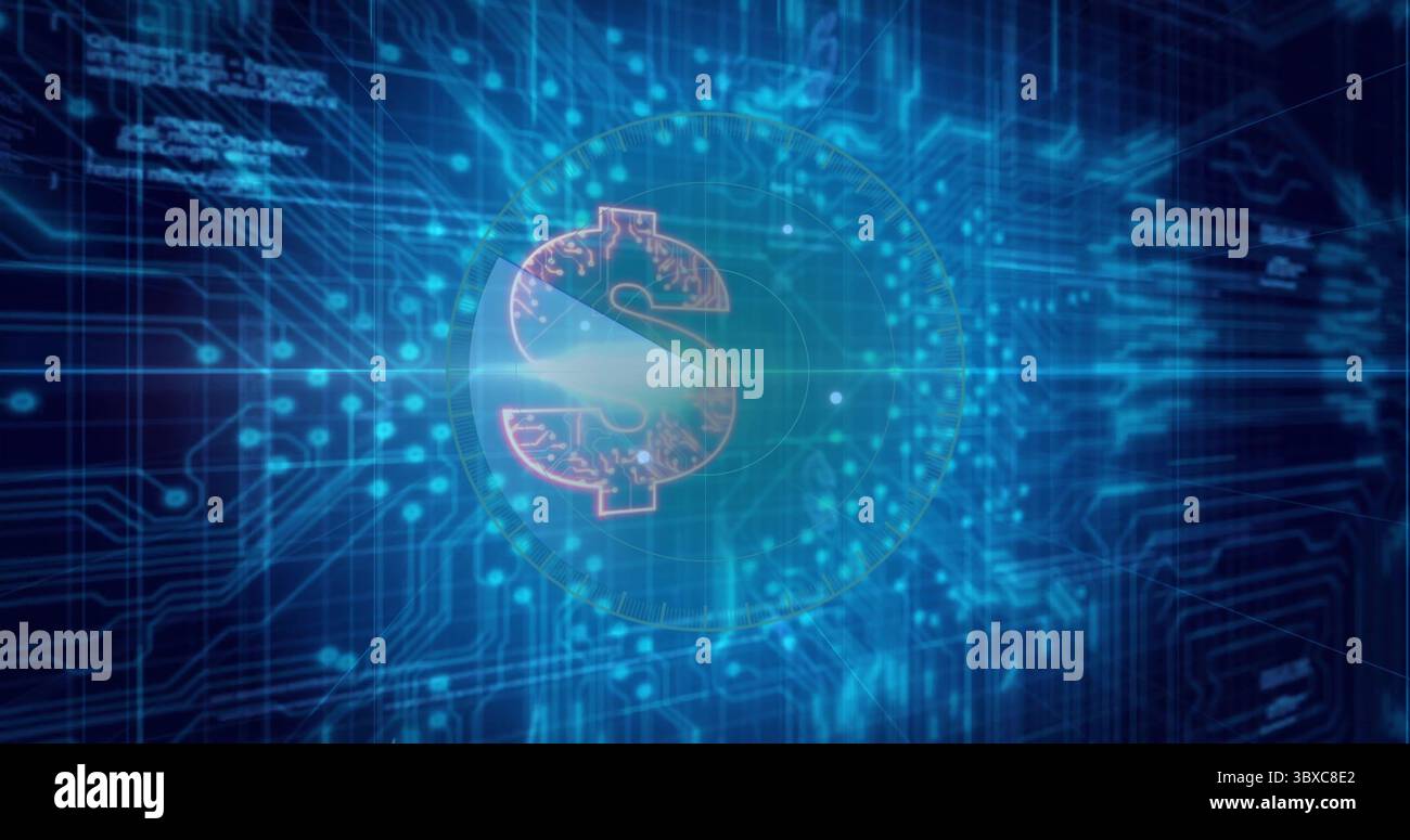 Ologramma fluttuante del simbolo del dollaro digitale sulla scheda a circuito virtuale con sovrapposizione griglia e nodi dati Foto Stock