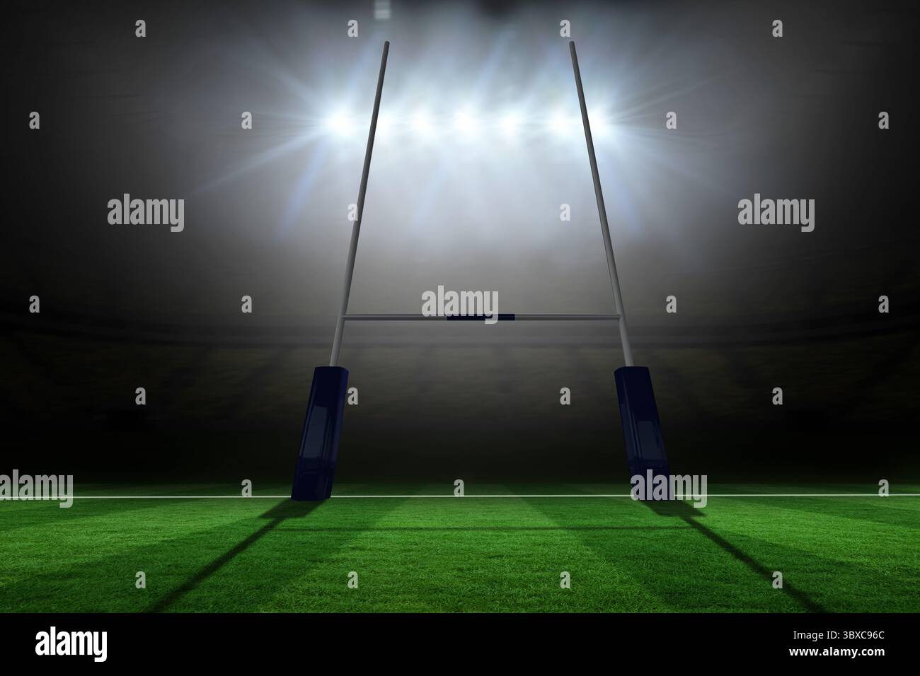 I pali di porta Rugby con basi imbottite sono in piedi su un tappeto erboso a righe sotto i riflettori in un design piatto Foto Stock