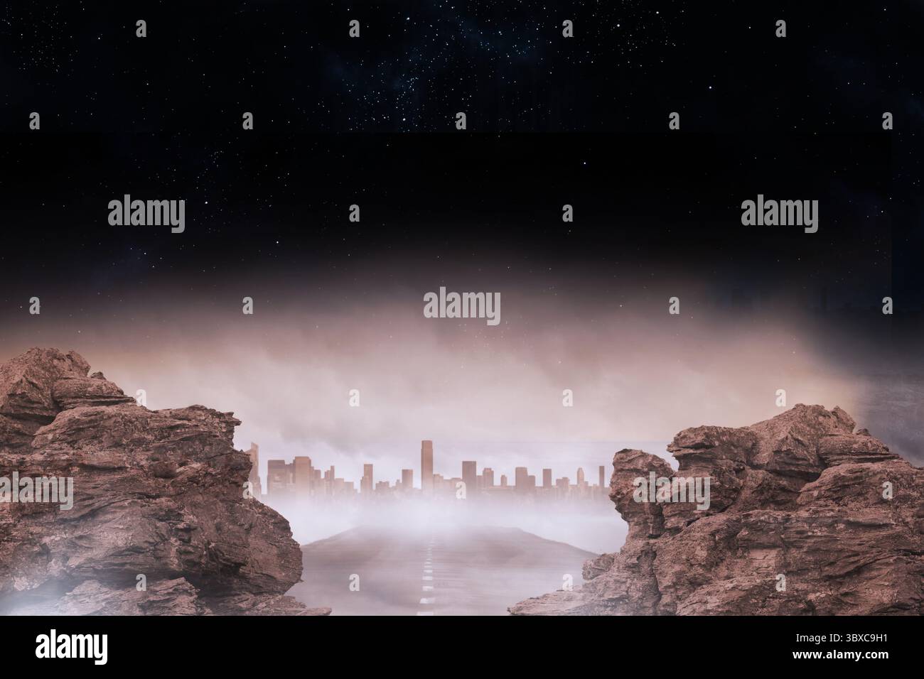 Design piatto che mostra strade dritte che tagliano le scogliere in una nebbia crescente, rivelando lo skyline della città distante Foto Stock