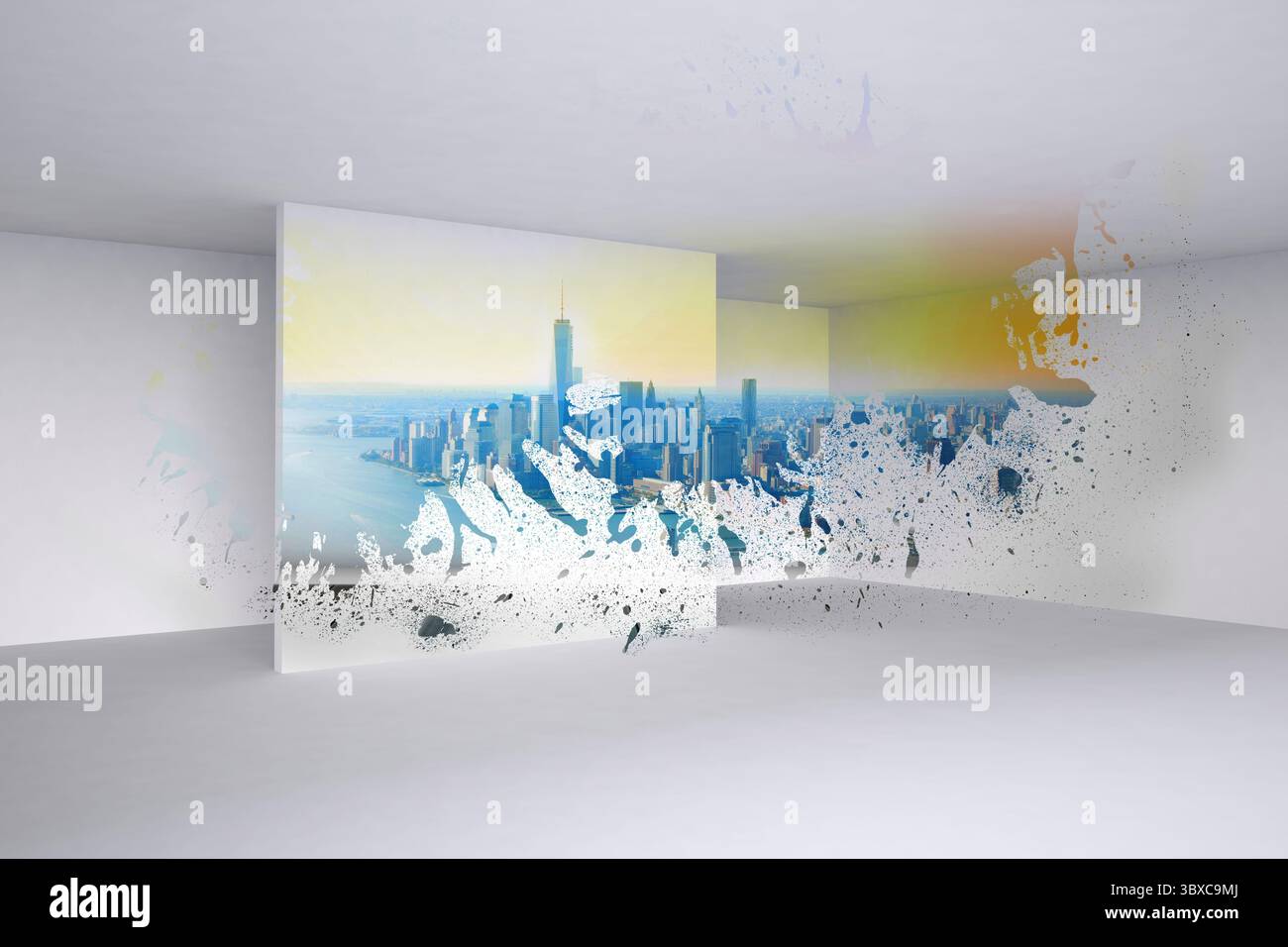 Galleria di design piatto che mostra un pannello trasparente con skyline e schizzi di vernice che si estendono su pareti bianche Foto Stock