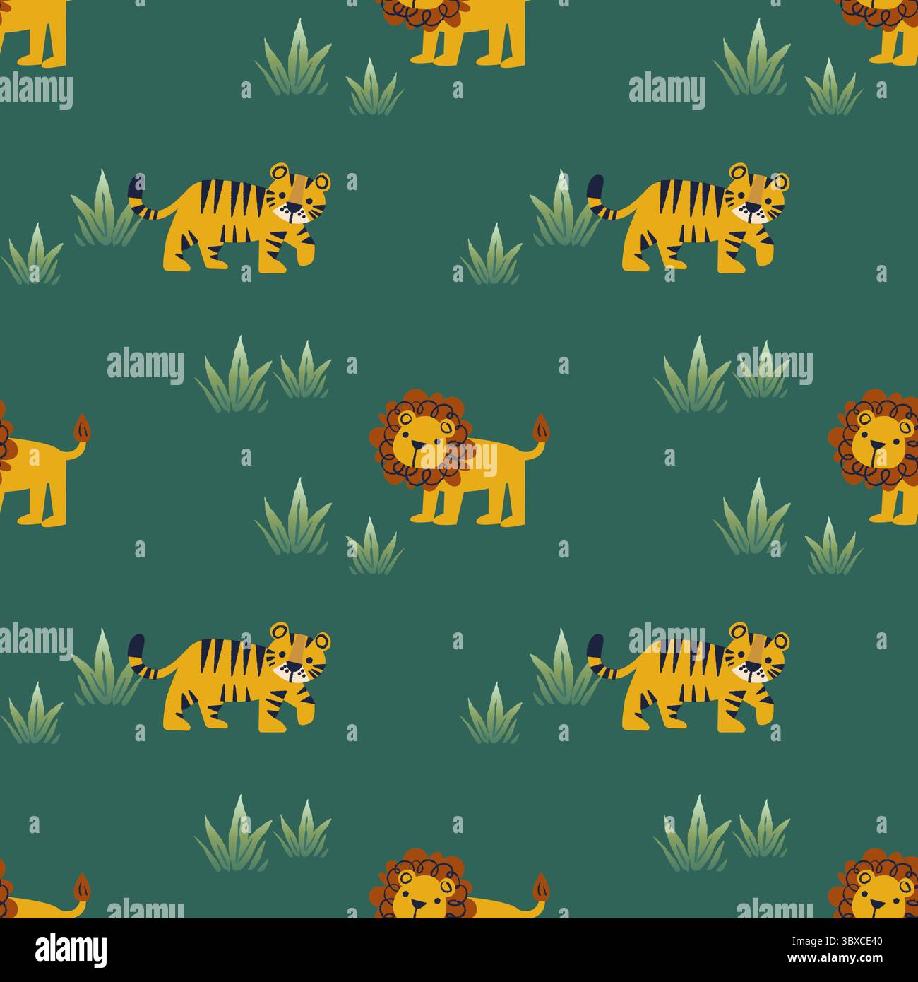 leoni, tigri e erba su uno sfondo verde profondo Foto Stock