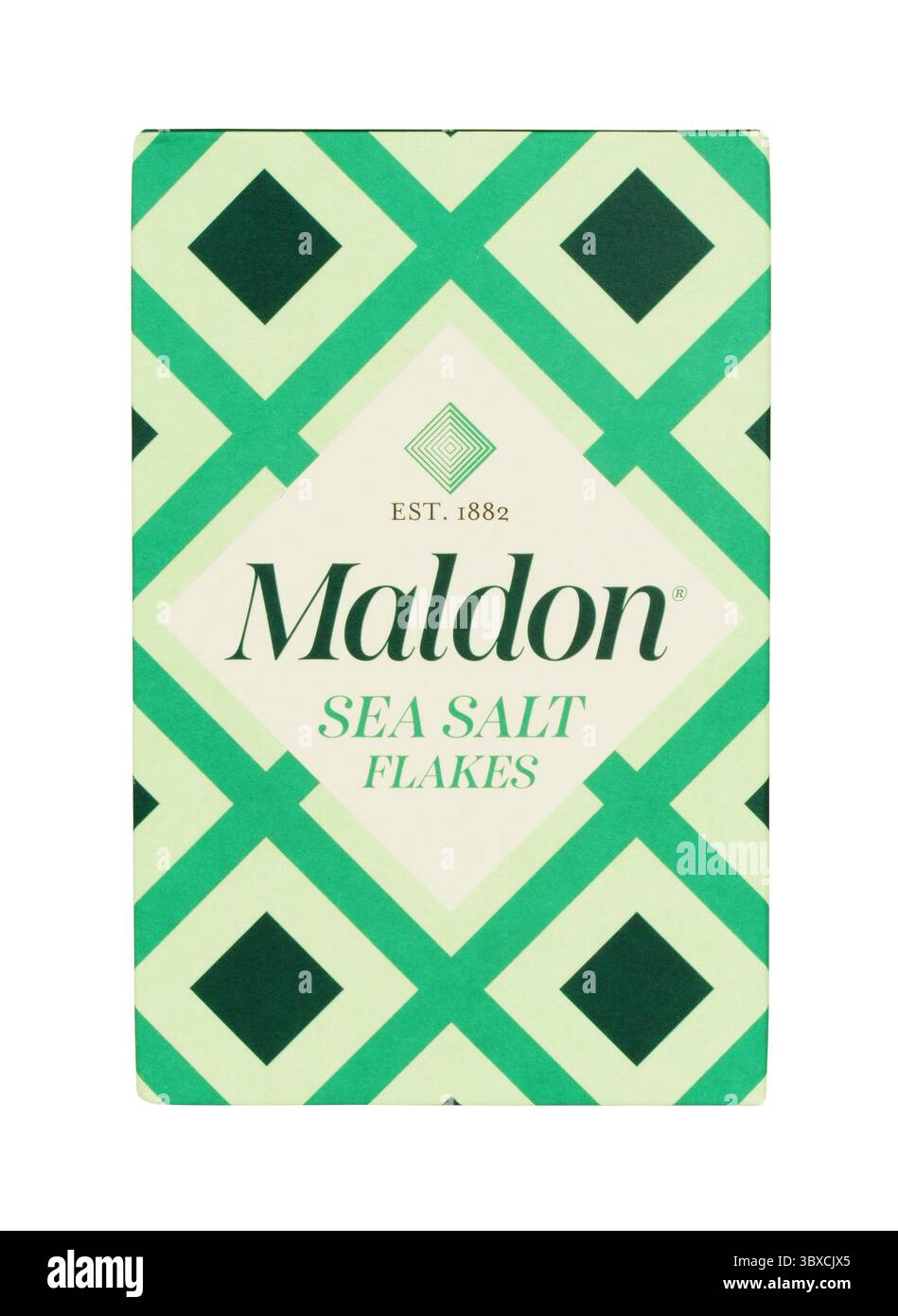 Il sale marino di Maldon scaglie di aromi alimentari naturali in una scatola da 250 g. Foto Stock