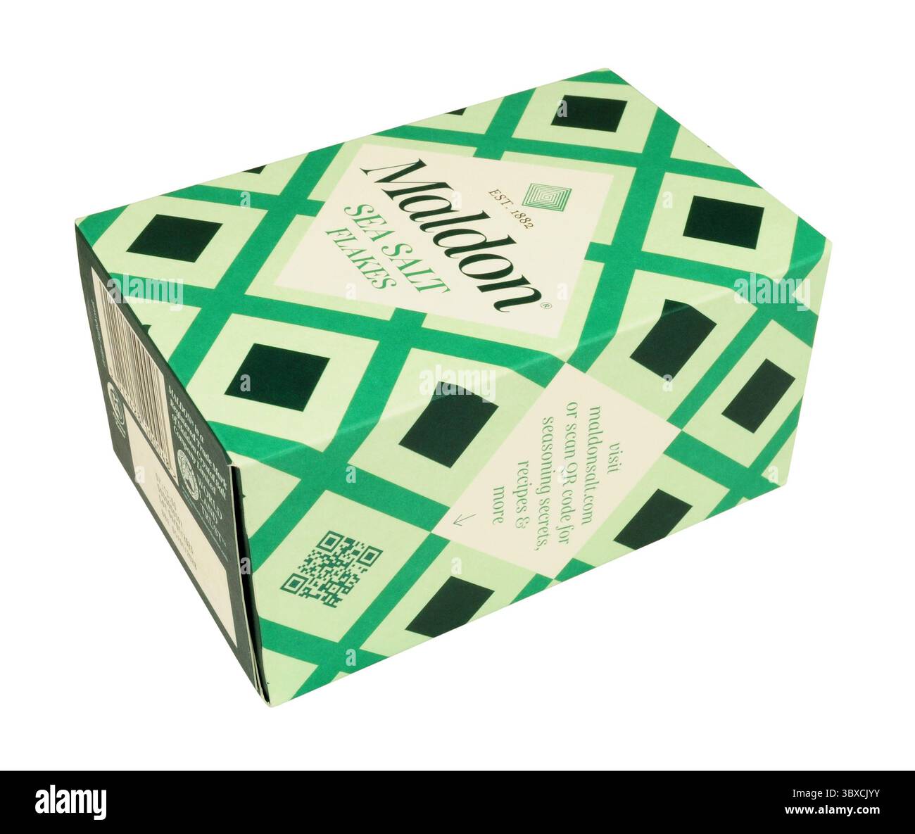 Il sale marino di Maldon scaglie di aromi alimentari naturali in una scatola da 250 g. Foto Stock