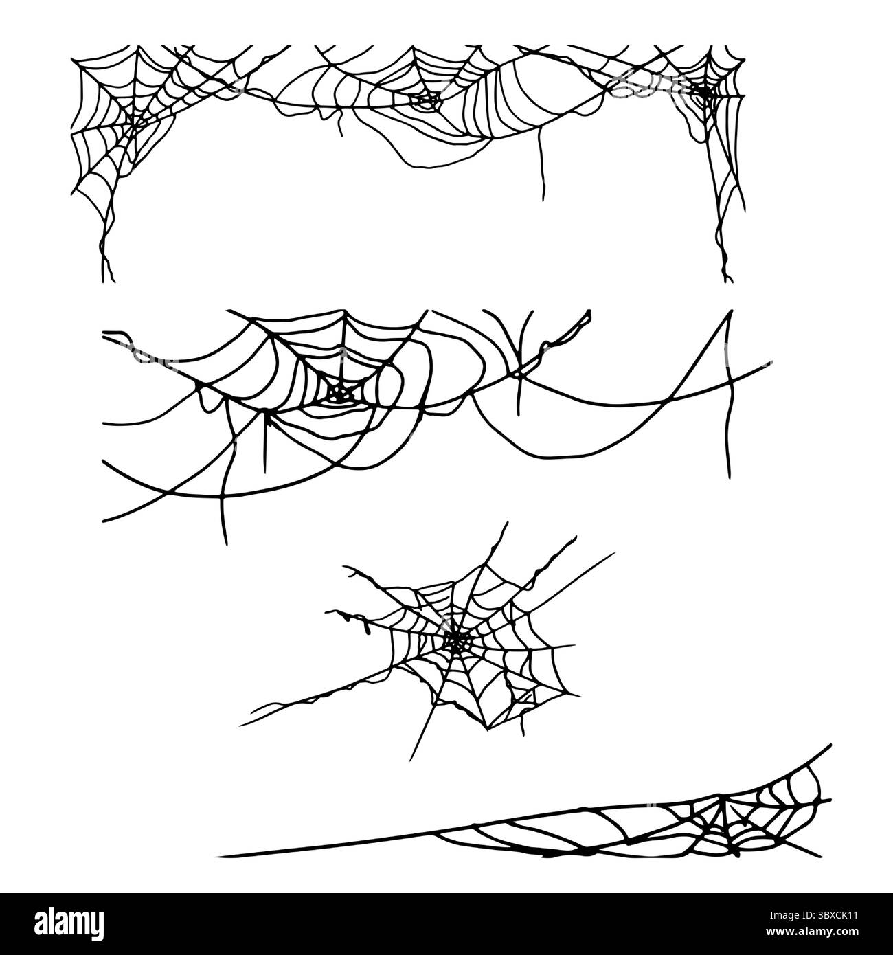 Ragnatela di Spider, serie di silhouette, schizzo a inchiostro bianco e nero. Illustrazione vettoriale. Il decor tradizionale e' una festa di Halloween, isolata su un bianco Illustrazione Vettoriale
