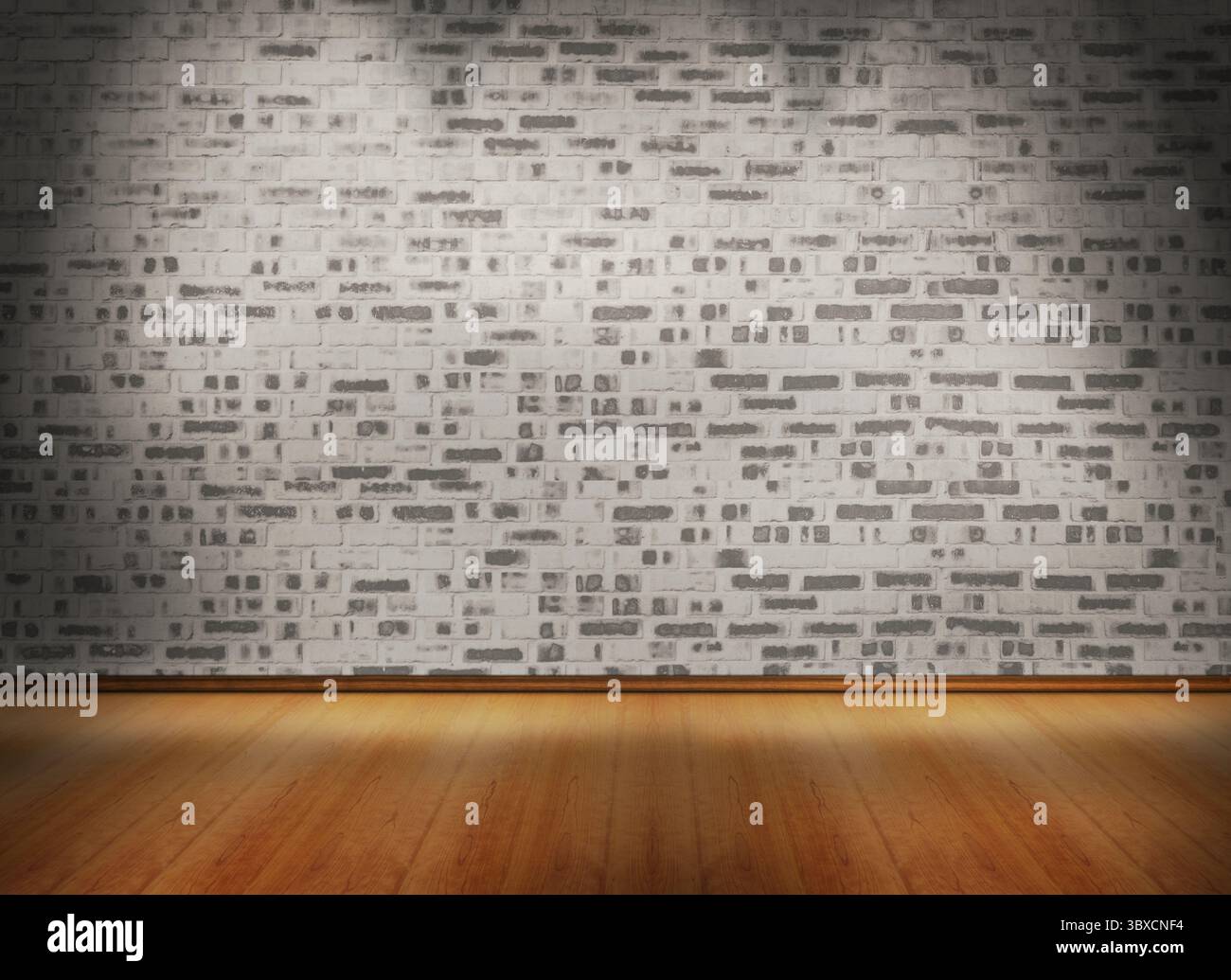 Le pareti in mattoni bianchi dipinti vengono mostrate in una galleria di design piatto con faretti e pavimento in legno Foto Stock