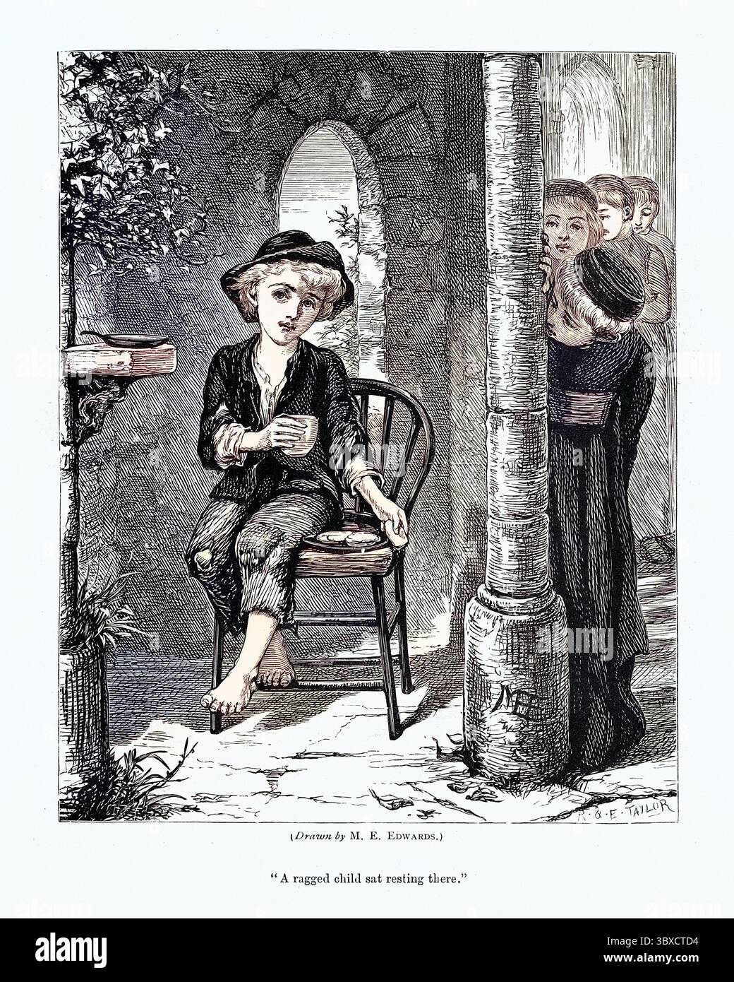 Illustrazione vintage di dare elemosine a un povero bambino infuriato, beneficenza vittoriana, XIX secolo Foto Stock