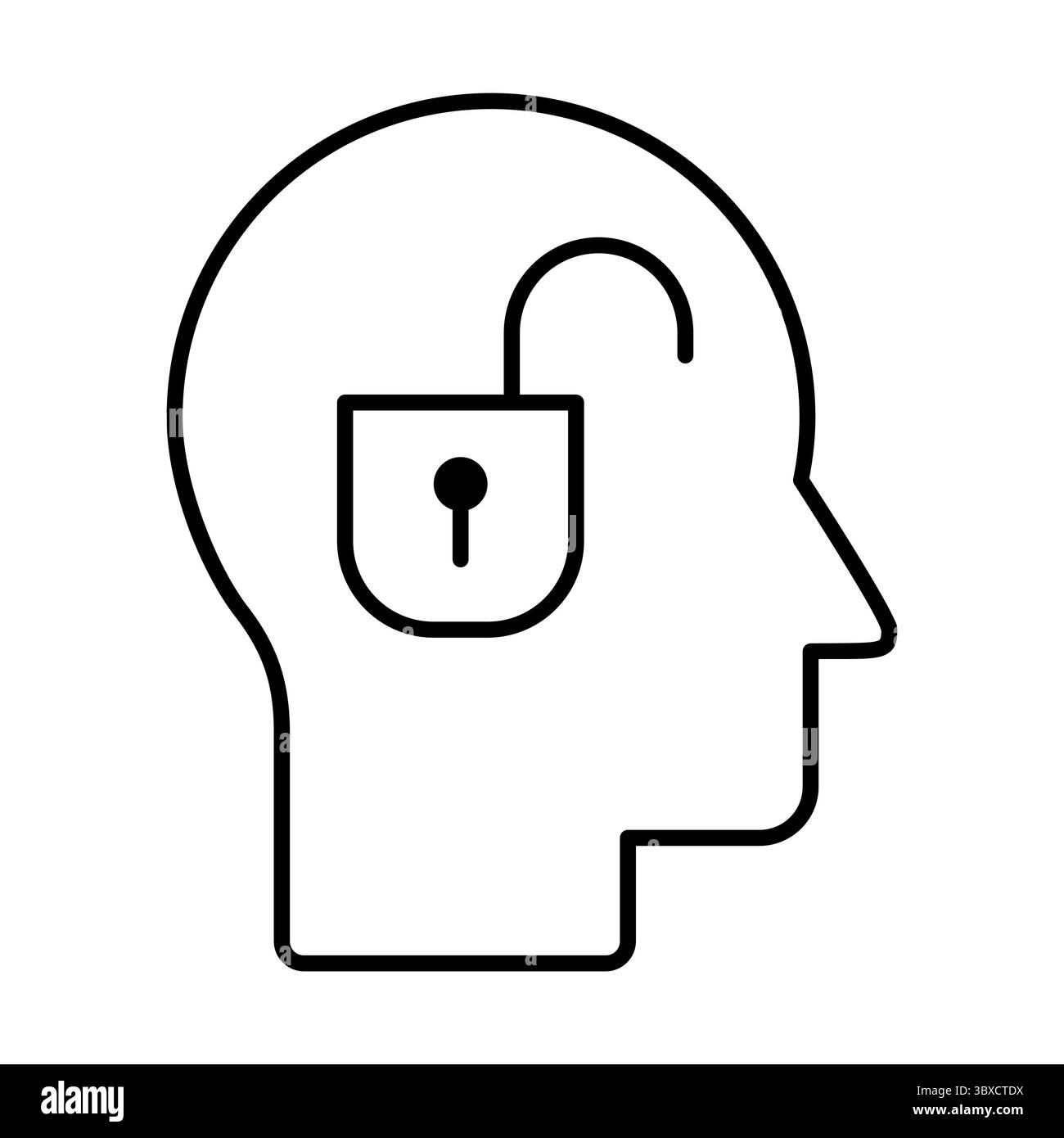 Icona della linea del lucchetto con testa aperta. Concetto di mentalità aperta. Pensiero sbloccato che simboleggia la mentalità aperta, l'istruzione, la terapia, la libertà mentale, l'apprendimento Illustrazione Vettoriale