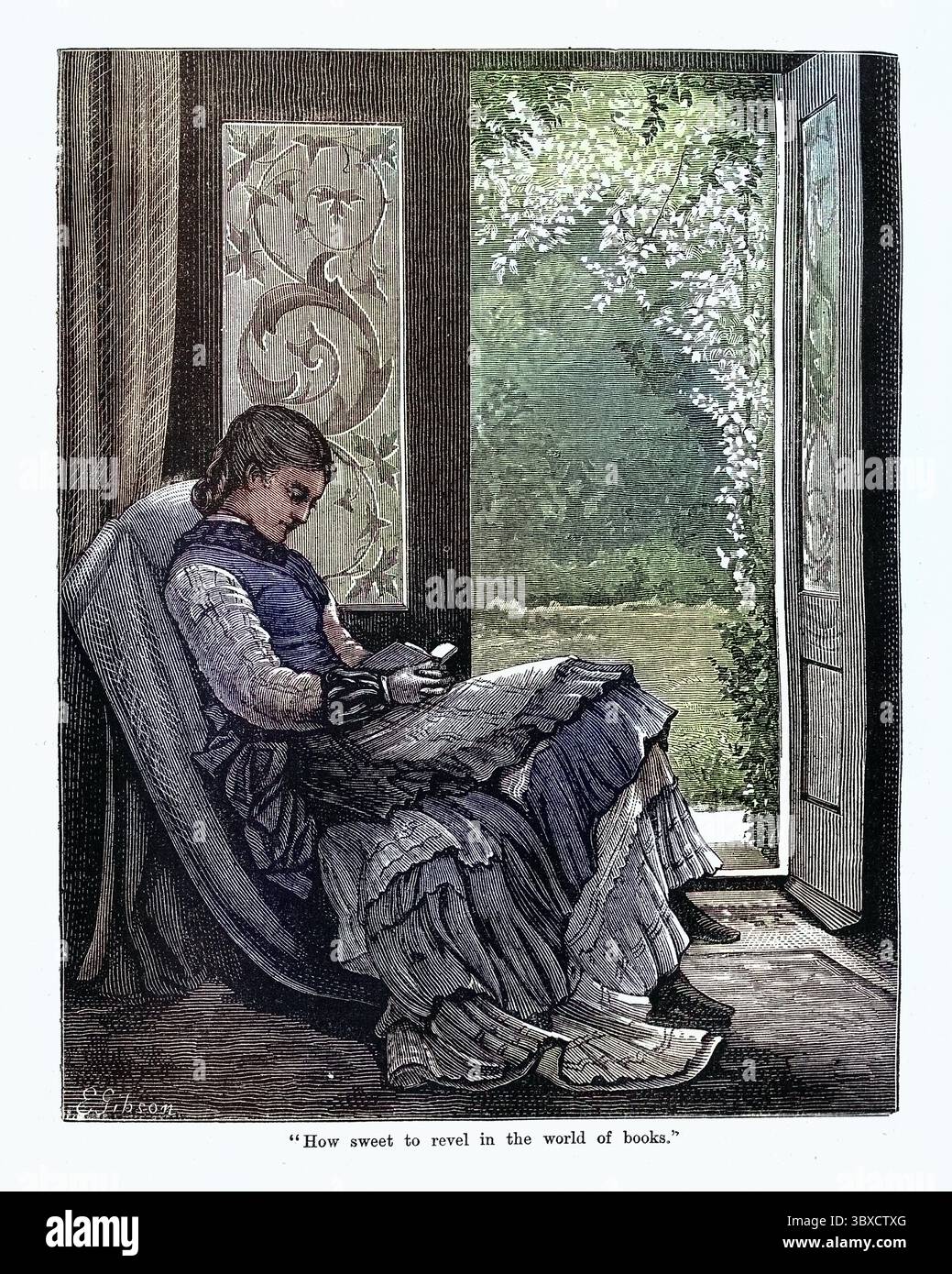 Illustrazione d'epoca giovane donna coinvolta nella lettura di un buon libro, vittoriano, anni '1870, XIX secolo. Che dolce divertirsi nel mondo dei libri Foto Stock