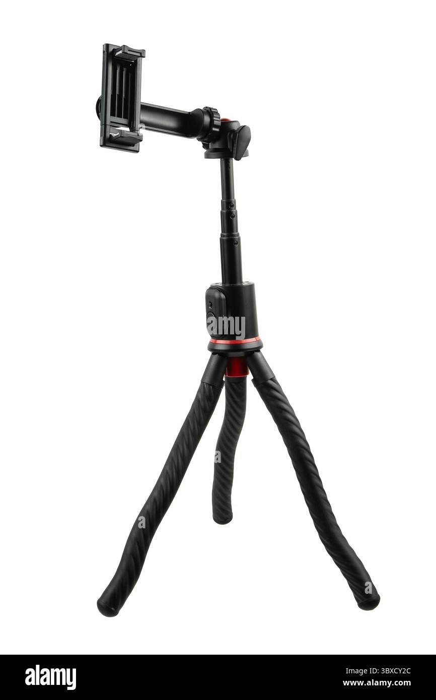 Treppiede nero flessibile con dettagli rossi e supporto per smartphone, ideale per vlogging e fotografia mobile. Foto Stock