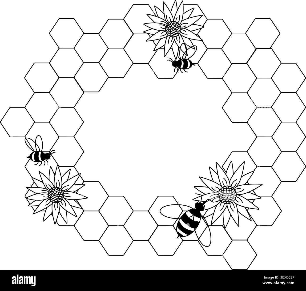 Api, miele, struttura a nido d'ape modello ovale. Illustrazione della linea grafica vettoriale. Perfetto per carte, decorazioni, adesivi, logo, menu, vari design. Illustrazione Vettoriale