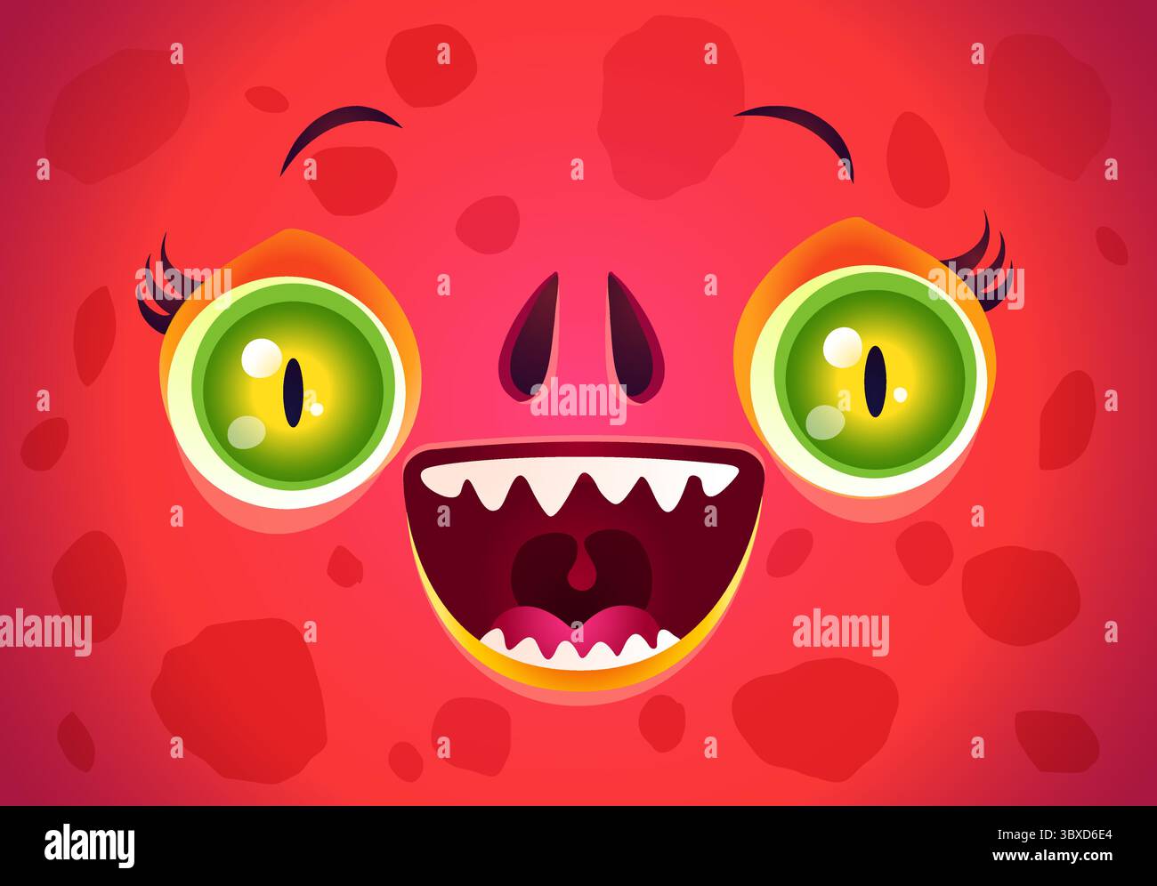 Vettoriale faccia carina di un mostro rosso per la maschera di Halloween. Kawaii volto di drago con occhi verdi per il costume di Halloween. Divertente troll face. Illustrazione Vettoriale