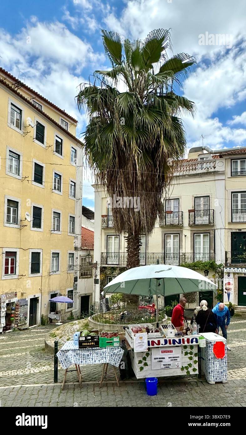 Stalla che vende il liquore portoghese Ginjinha su Rua De Sao Miguel nel distretto di Aflame a Lisbona in Portogallo Foto Stock