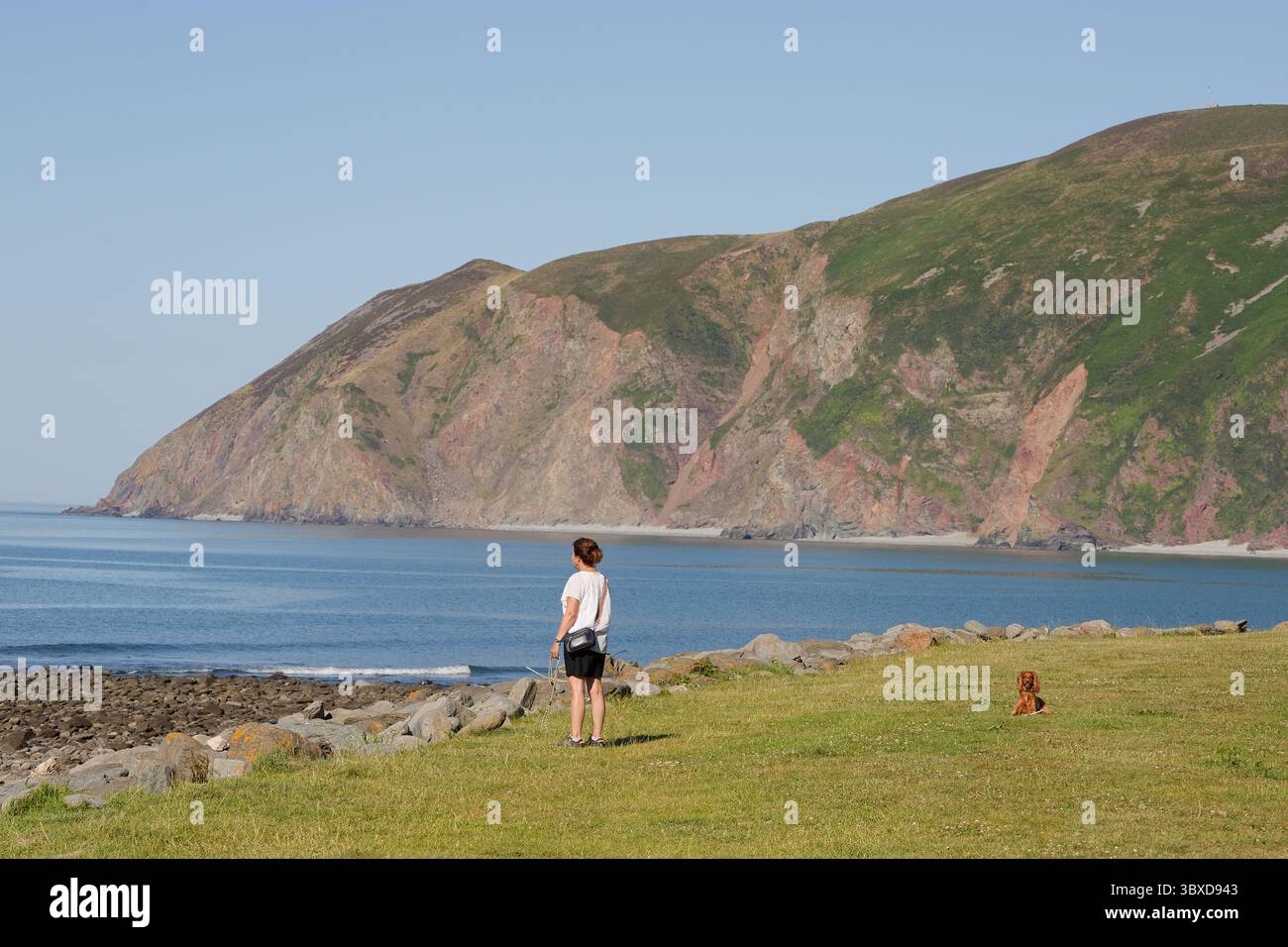 Una donna e un cane fuori per l'aria fresca ed esercizio fisico a Lynmouth nel North Devon, Regno Unito. Foto Stock
