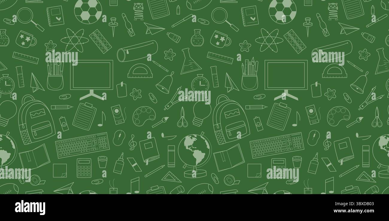 Modello senza cuciture del Consiglio scolastico con silhouette di articoli di cancelleria. Sfondo con icone della scuola. Istruzione, stampa per l'apprendimento per il tessile, confezione Illustrazione Vettoriale