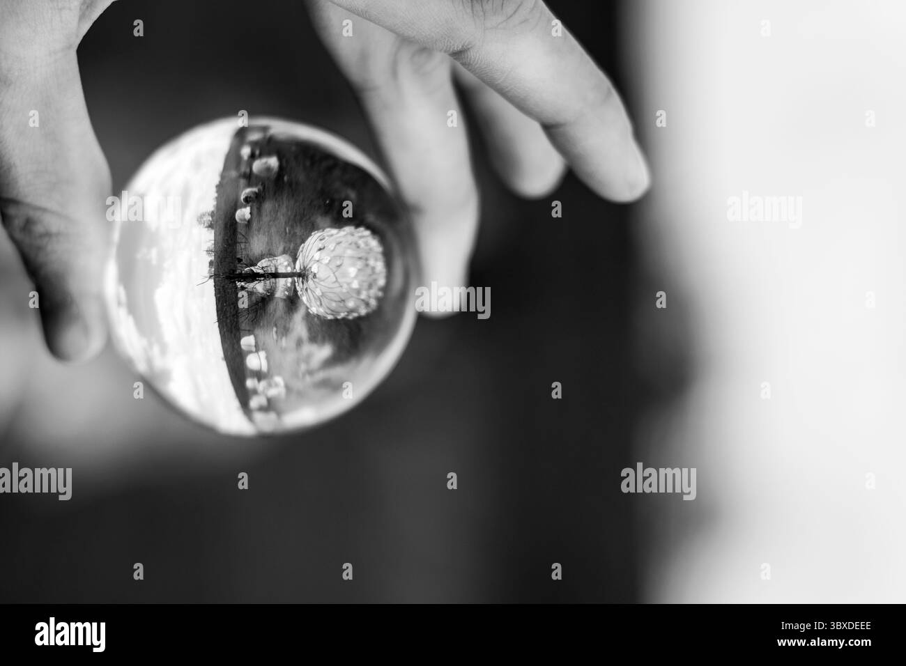 Un'accattivante immagine in bianco e nero di una mano che regge delicatamente una sfera di cristallo trasparente, che riflette un paesaggio in miniatura invertito e distorto. Foto Stock