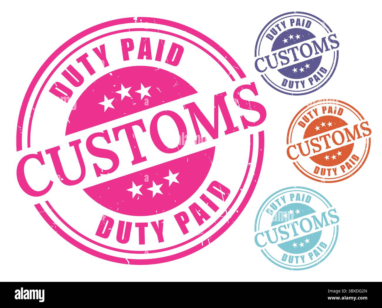 Un set vettoriale per timbri doganali pagati, pacchetto etichette per la tassa di importazione in stile Grunge Illustrazione Vettoriale