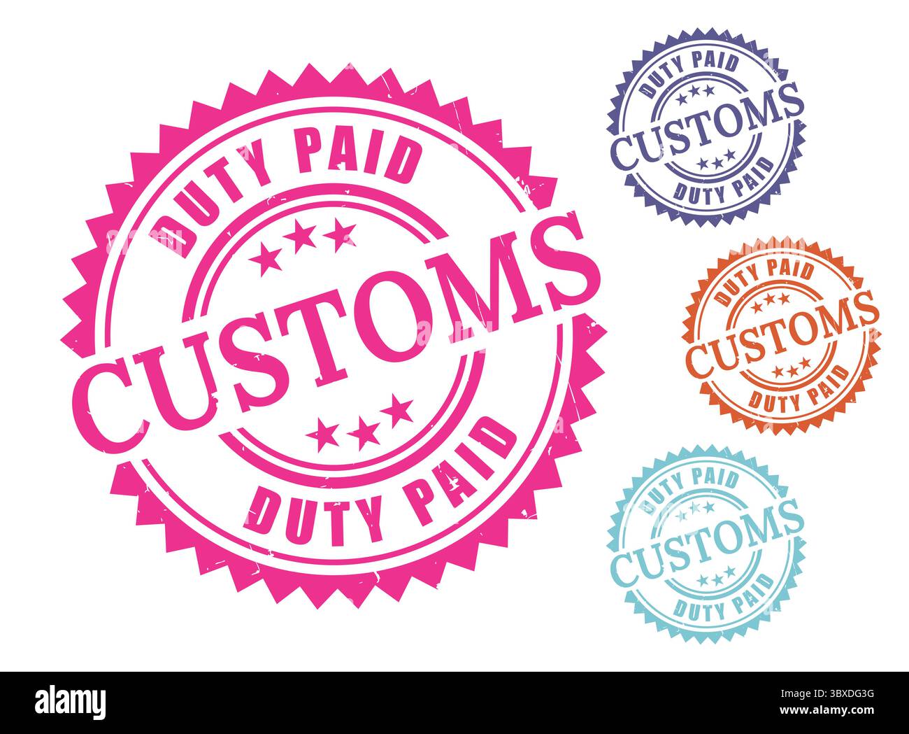 Un set di timbri doganali per prodotti pagati, vettori Grunge Style Global Trade Label Illustrazione Vettoriale