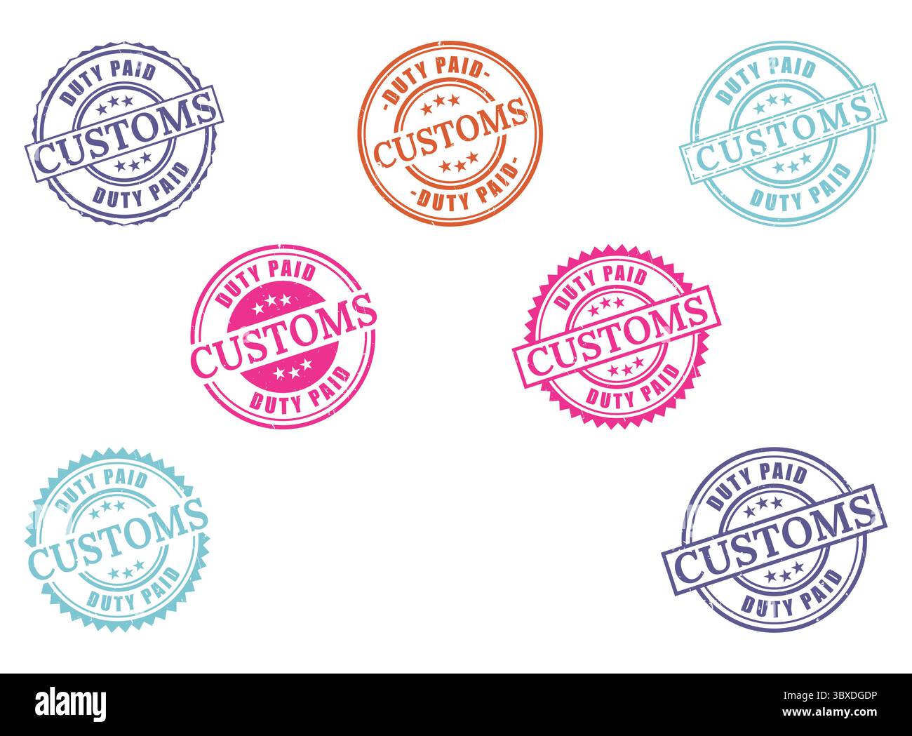 Una raccolta di timbri in gomma pagati dai dazi doganali, set di vettori con sigillo fiscale all'importazione Illustrazione Vettoriale